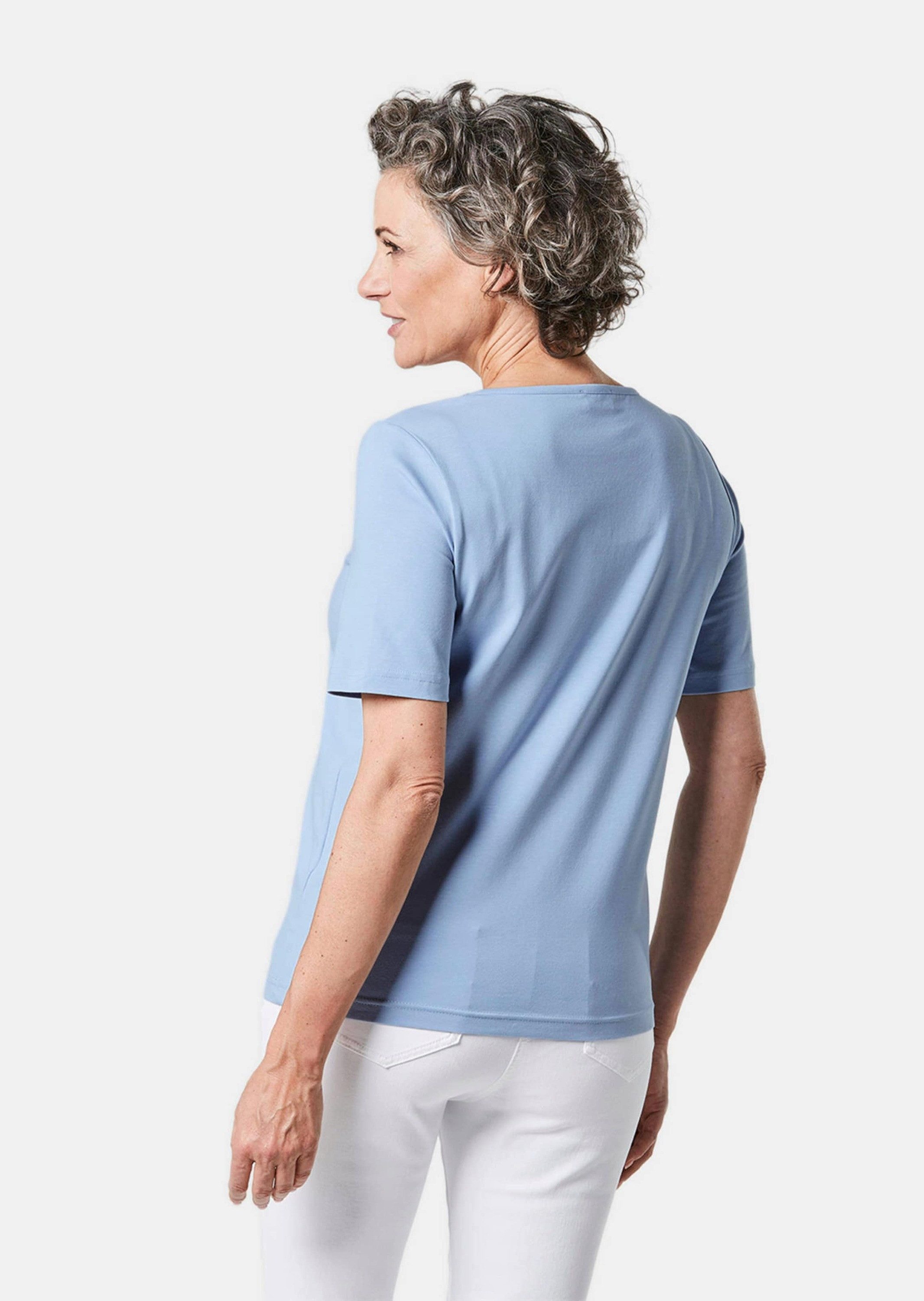 GOLDNER T-Shirt Halbarm Basic-Shirt aus Baumwolle Herzausschnitt mit funkelnden Details, bequeme Passform