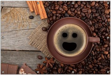 Wallario Sichtschutzzaunmatten Lustige Kaffeetasse mit einem Lächeln - Kaffeebohnen und Zimt