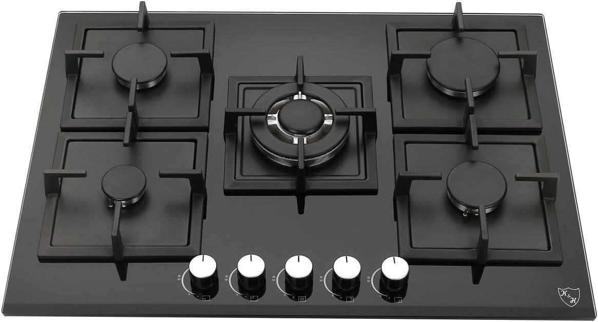 K&H Gas-Kochfeld K&H 5 Zonen Glas Gaskochfeld 70cm Wok Brenner Erdgas 5Z-KHG, Erdgas, Flüssiggas, Sicherheitsglas, Autark