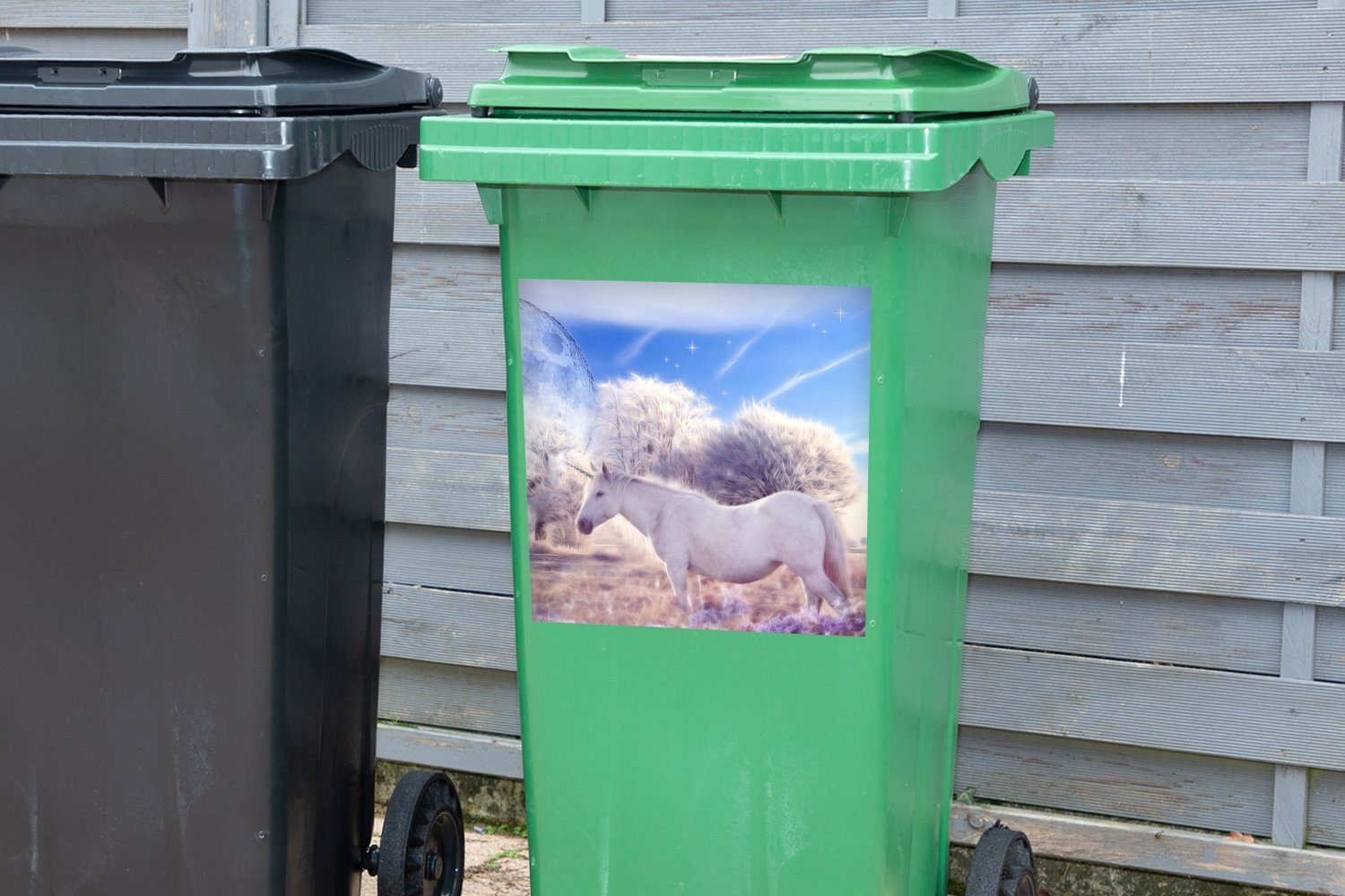 MuchoWow Wandsticker Container, Abfalbehälter Sticker, Mülleimer-aufkleber, (1 eines St), Zusammengesetzte Fantasiestatue Einhorns Mülltonne