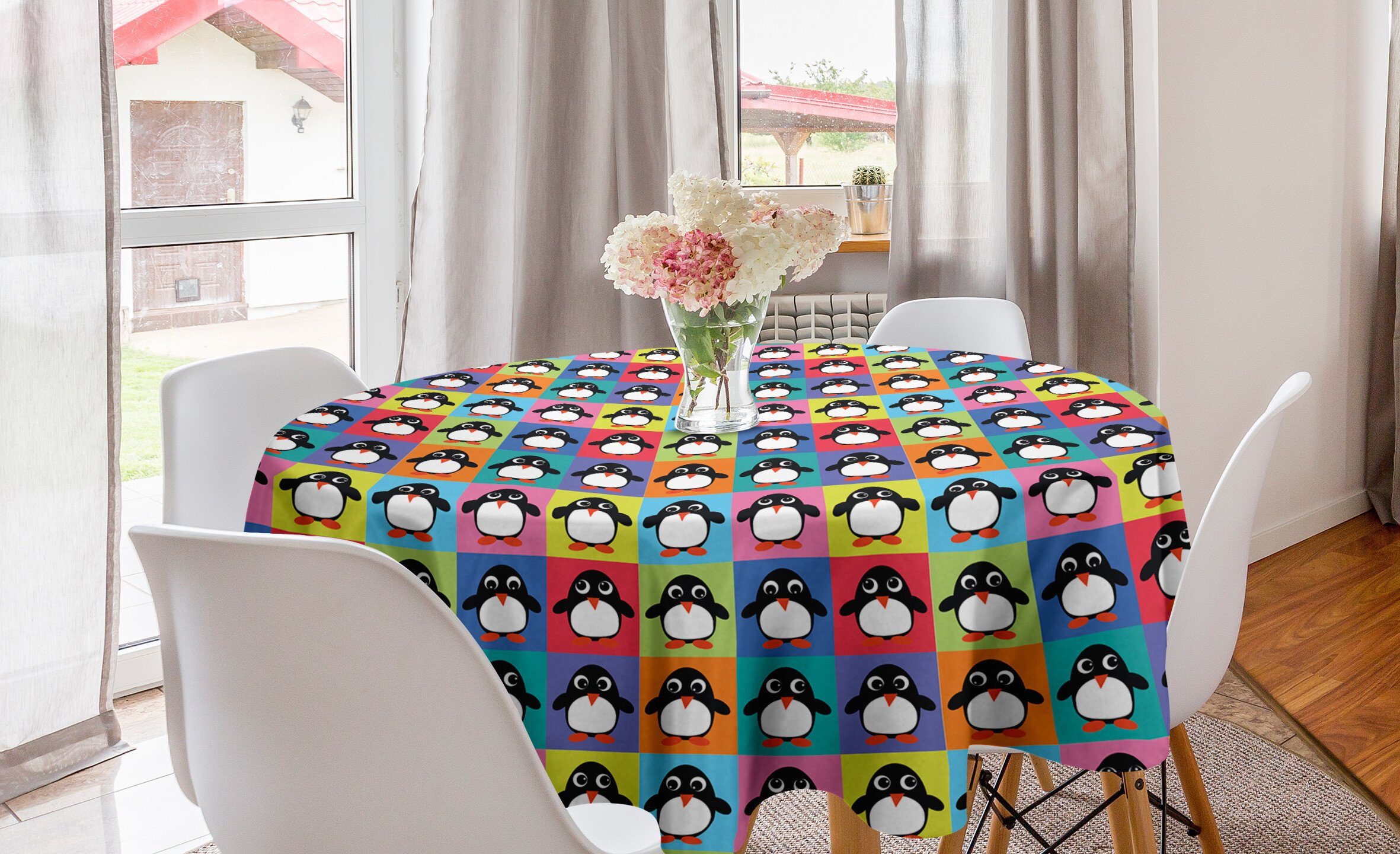 Abakuhaus Tischdecke Kreis Tischdecke Abdeckung für Esszimmer Küche Dekoration, Pinguin Bunte Rahmen Tiere | Tischdecken