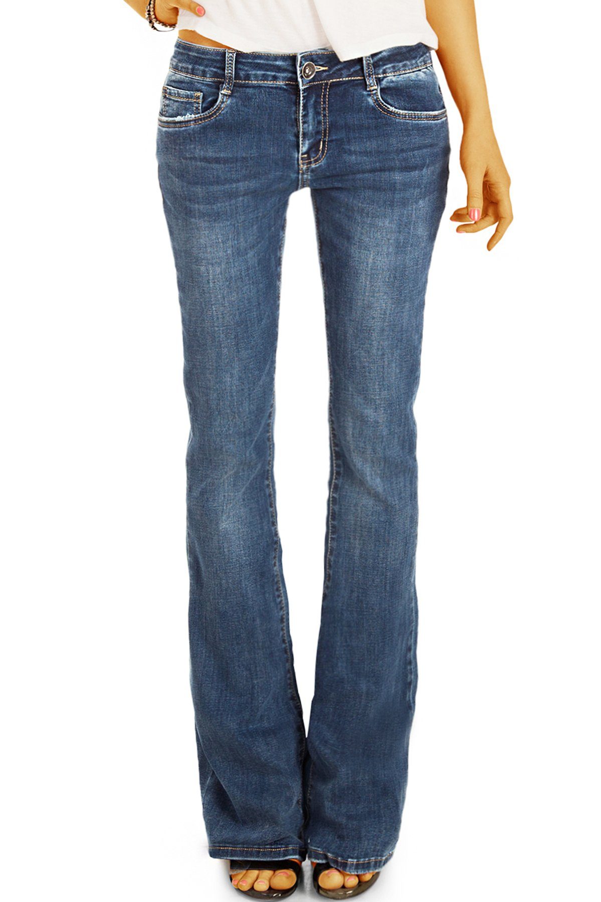 be styled Bootcut-Jeans medium waist Damenhose, ausgestelltes Bein in denimblau und dunkelblau j16p 5-pocket