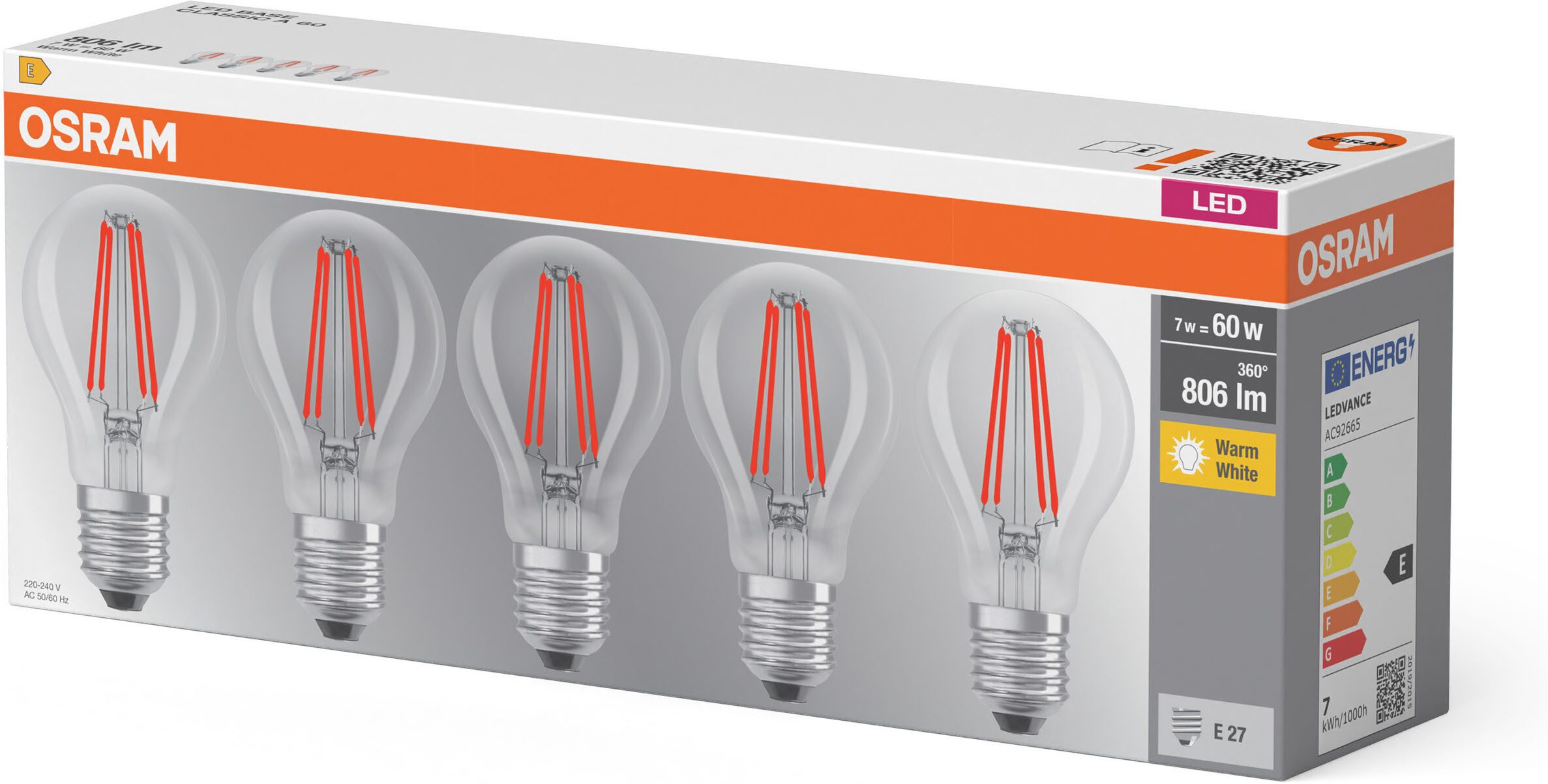Osram LED-Leuchtmittel LED-Lampe Classic, E27, 5 St., Warmweiß