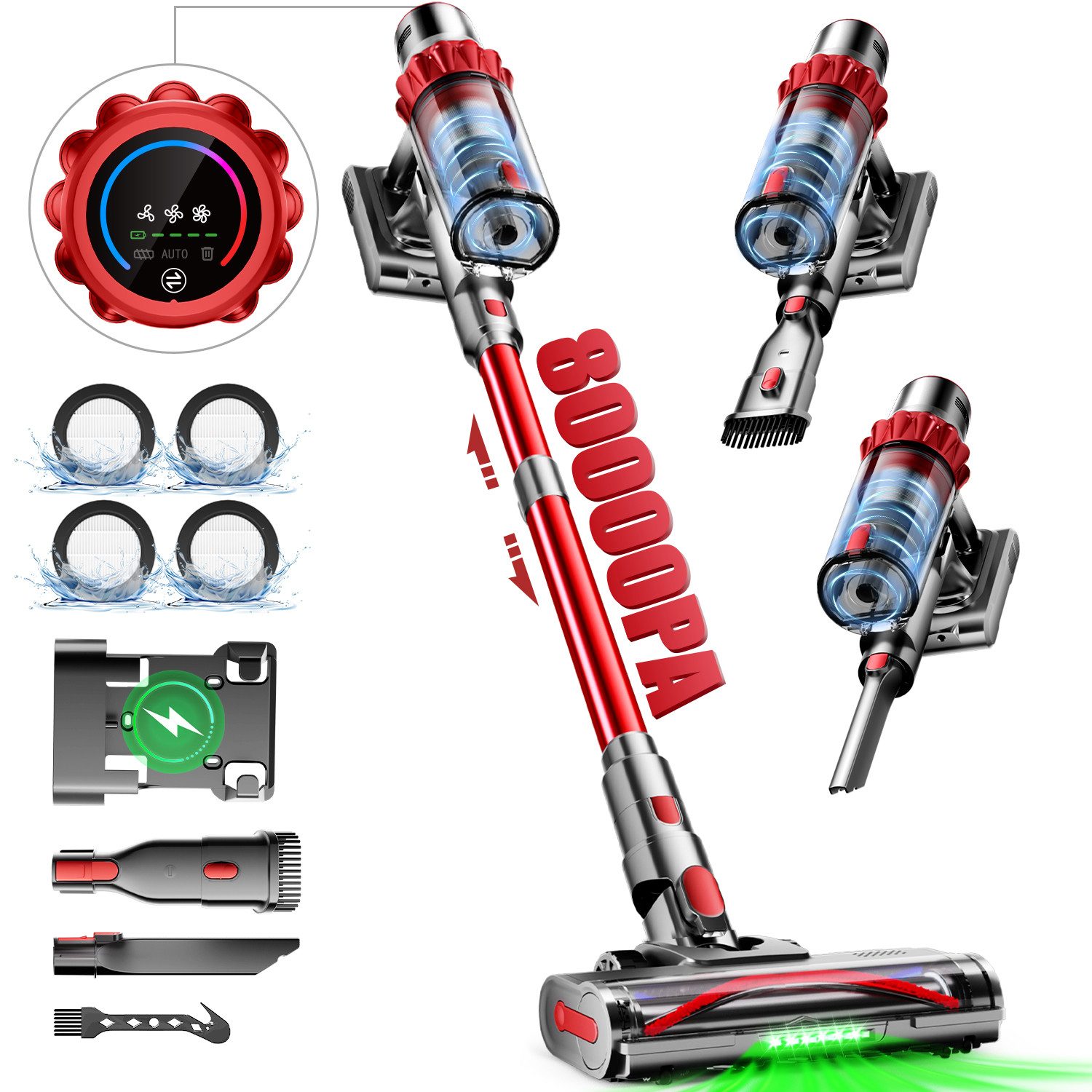 Adormii Akku-Hand-und Stielstaubsauger Akku Staubsauger 80000pa, Staubsauger Kabellos, 70Min/1,8L, beutellos, Smart LED-Display, grünem Licht, für Teppich, Hartböden, Tierhaare