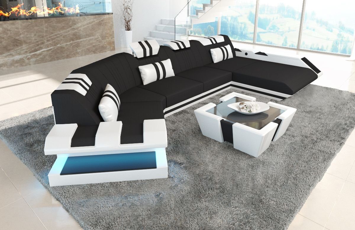 C Stoff Dreams Designersofa Bettfunktion wahlweise Couch, Stoffsofa Braun-Weiss Apollonia Polster Schlafsofa, als Sofa Sofa Stoff mit H8 mit LED, Wohnlandschaft Form