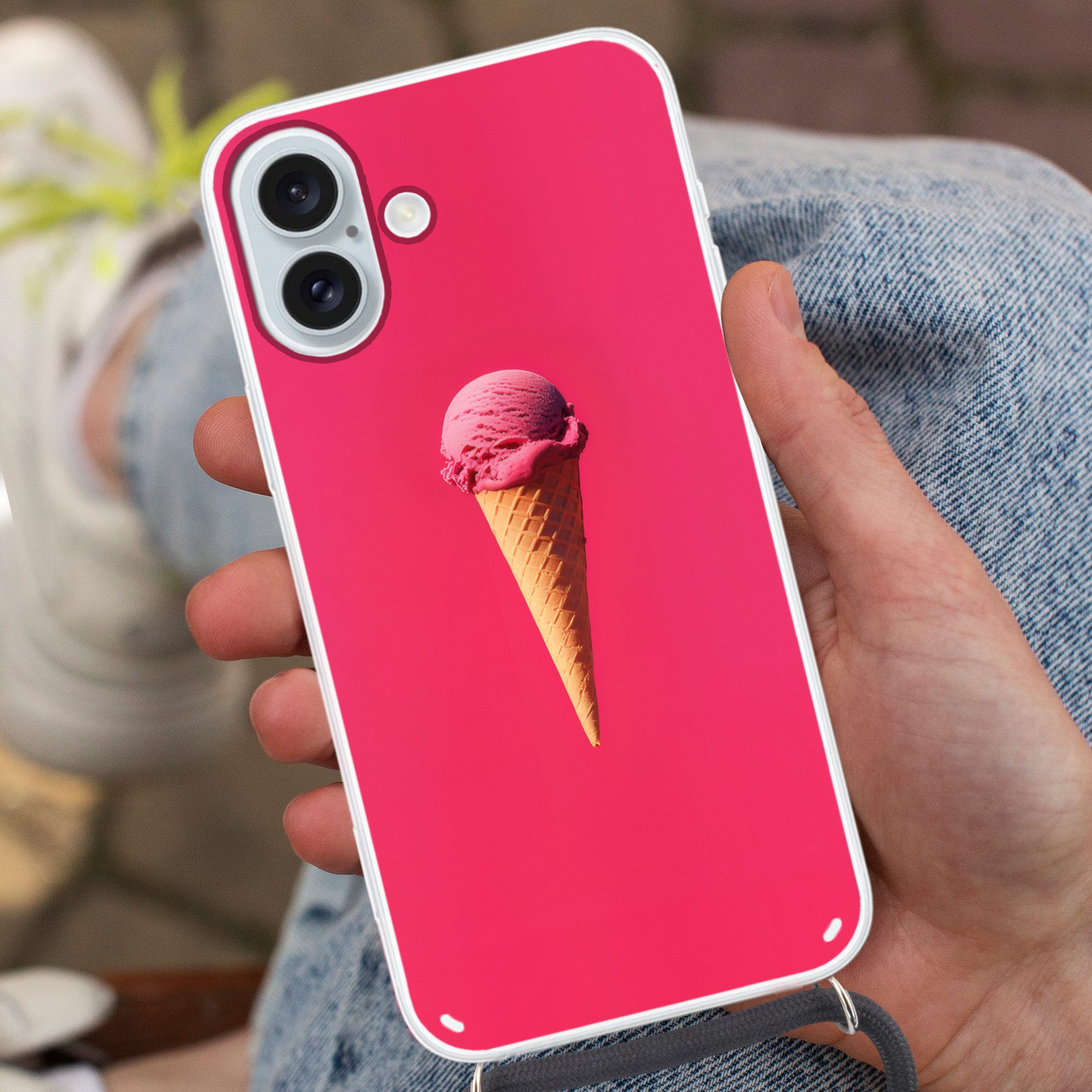 MuchoWow Handyhülle für Apple iPhone 16 Plus Schaufel Eiscreme - Rosa - Horn, Tragbare Handyhüllen mit Kette zum umhängen, Handykette Handyband