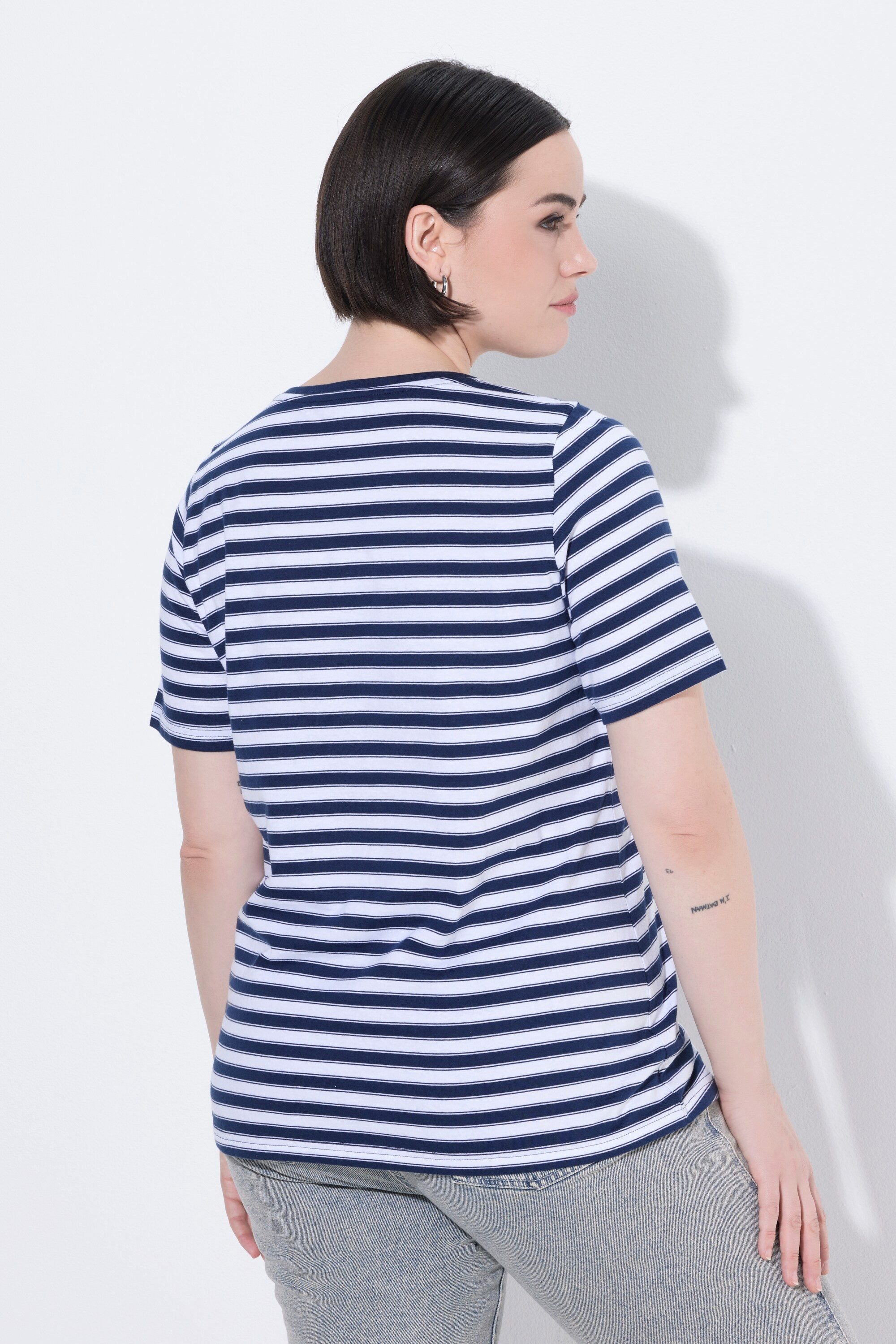 Ulla Popken T-Shirt Shirt Ringel Metallic-Motiv V-Ausschnitt Halbarm