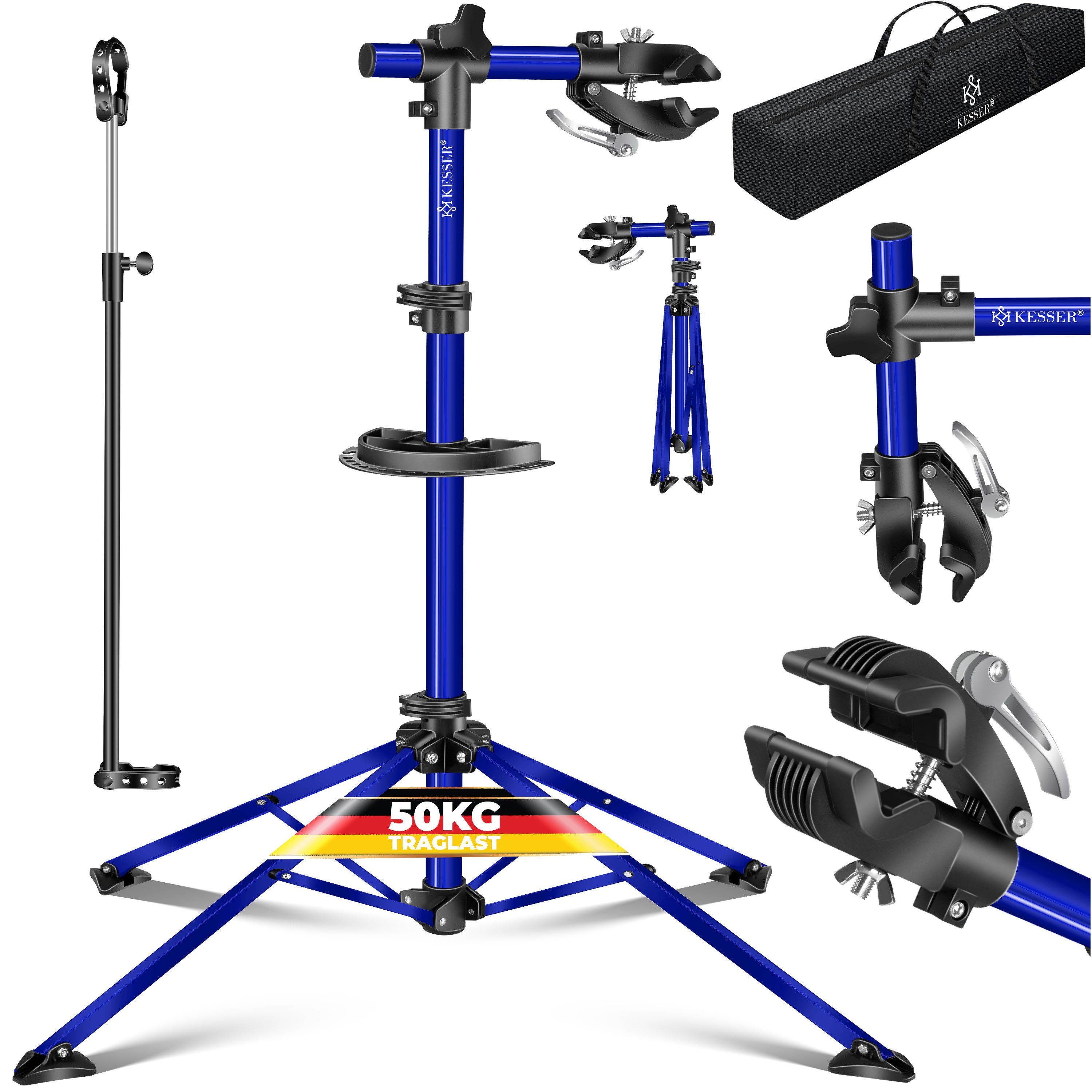 KESSER Fahrrad-Montageständer Profi Reparaturständer Fahrradständer bis 50kg Traglast, Fahrradmontageständer inkl. Tasche, Werkzeugschale & Magnetfach