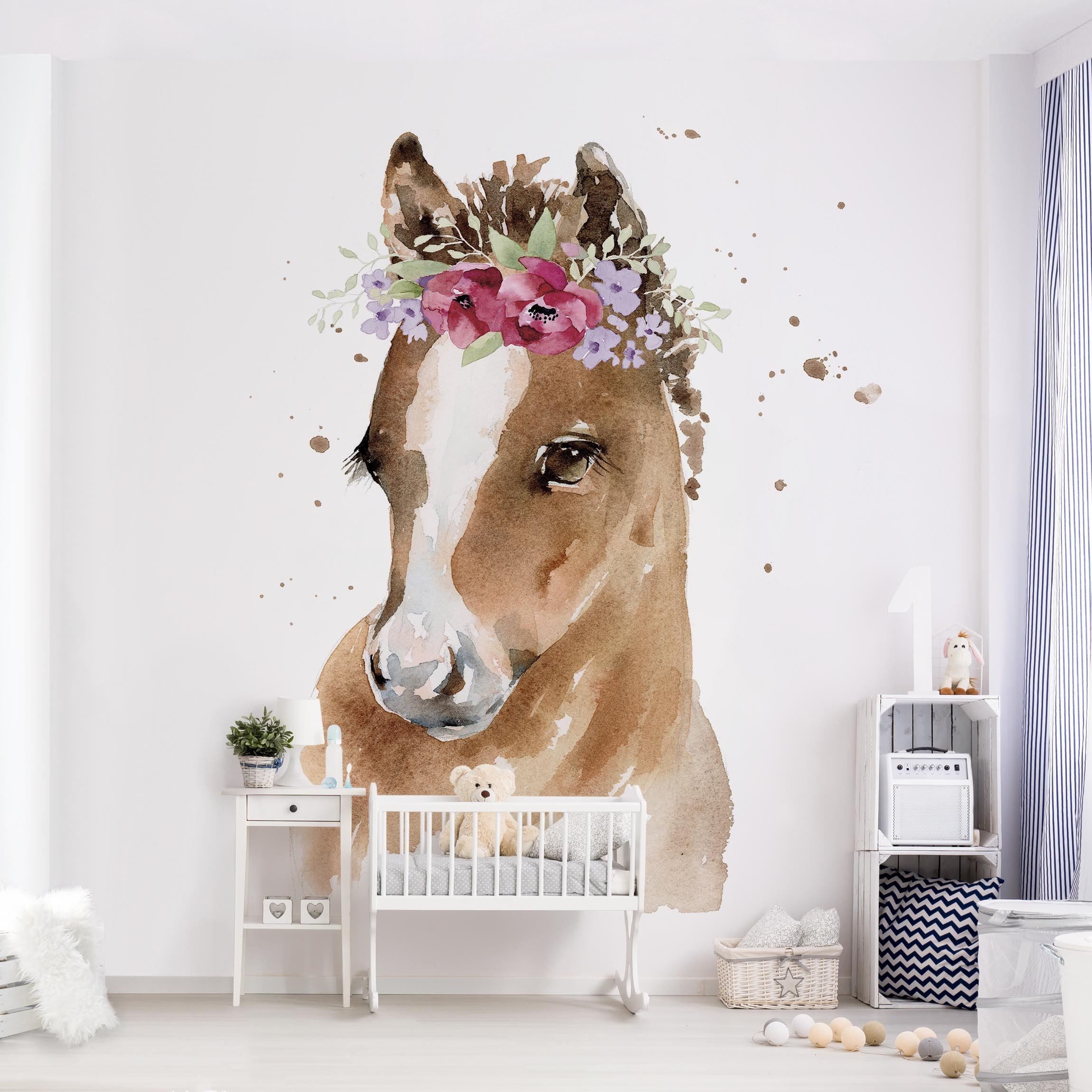 Bilderdepot24 Kindertapete Florales Pferd Aquarell Kinder Kunst Tiere braun moderne Wanddeko XXL, Glatt, Matt, (Vliestapete inkl. Kleister oder selbstklebend), Mädchenzimmer Jungenzimmer Babyzimmer Bildtapete Fototapete Wandtapete