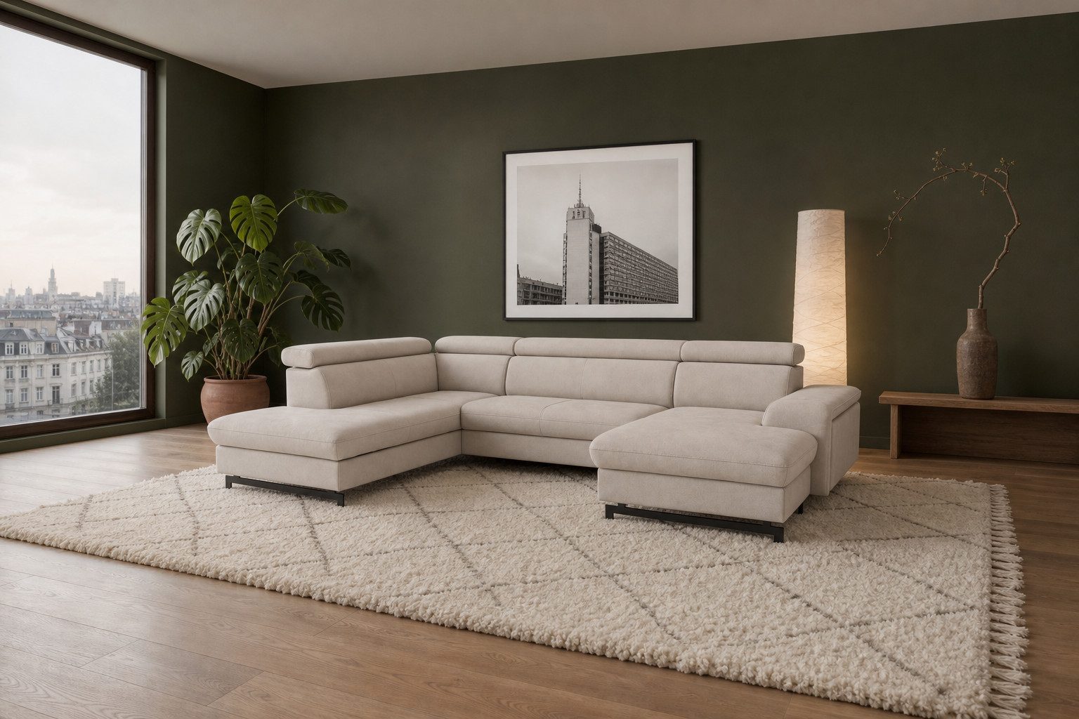 foamnova Wohnlandschaft Vaasa, B 328 cm, Recamiere und Ottomane inklusive, komfortabel, für 6 Personen, klappbare Kopfstützen, elegante, schwarze Metallkufen