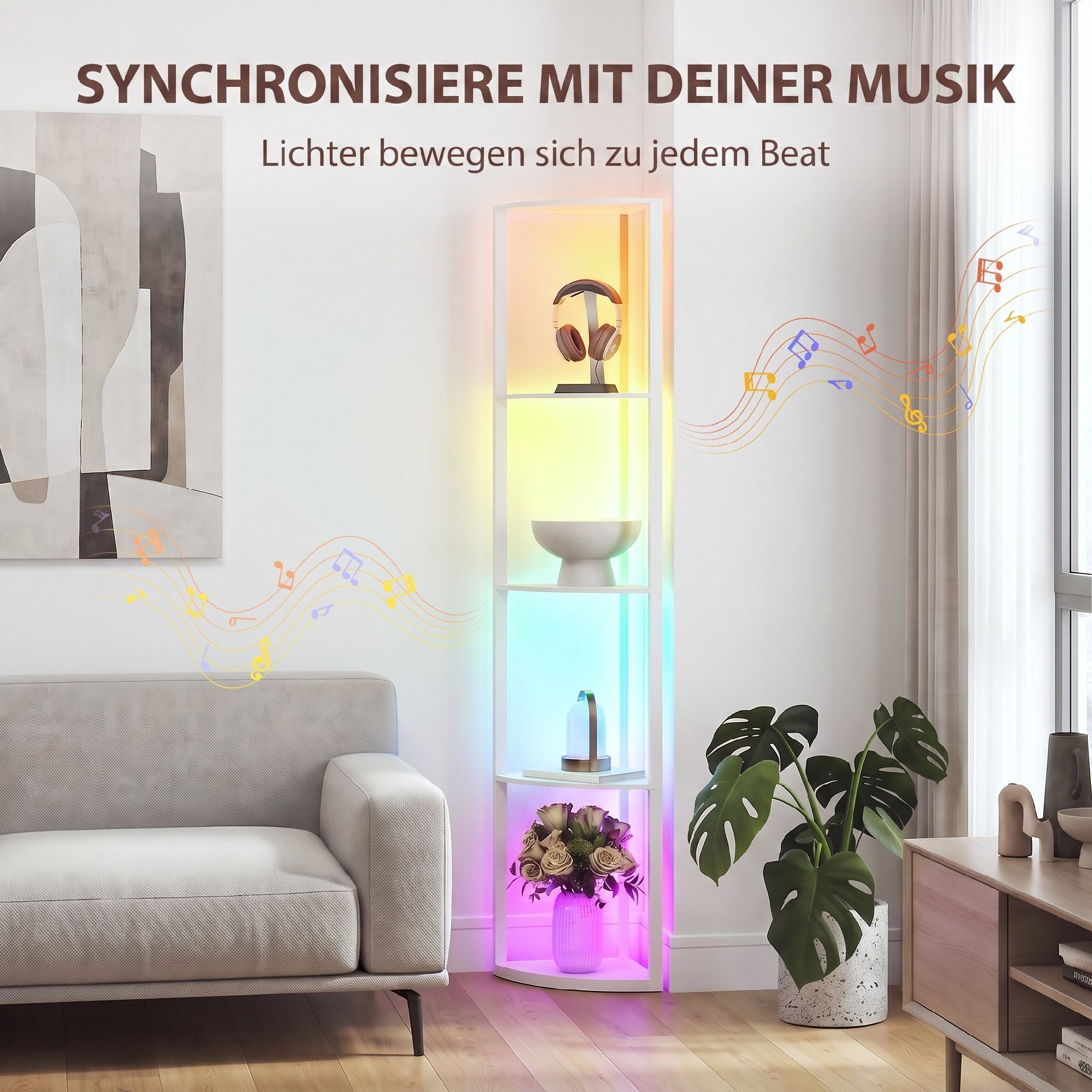 HOMCOM Stehlampe LED 5-stufig dimmbare Stehleuchte mit Regal, RGB Farbwechsel, RGB-Beleuchtung, Fernbedienung, LED, RGB, RGB-LED, Fernbedienung, 5 Ablagen – Bild 5 von 5