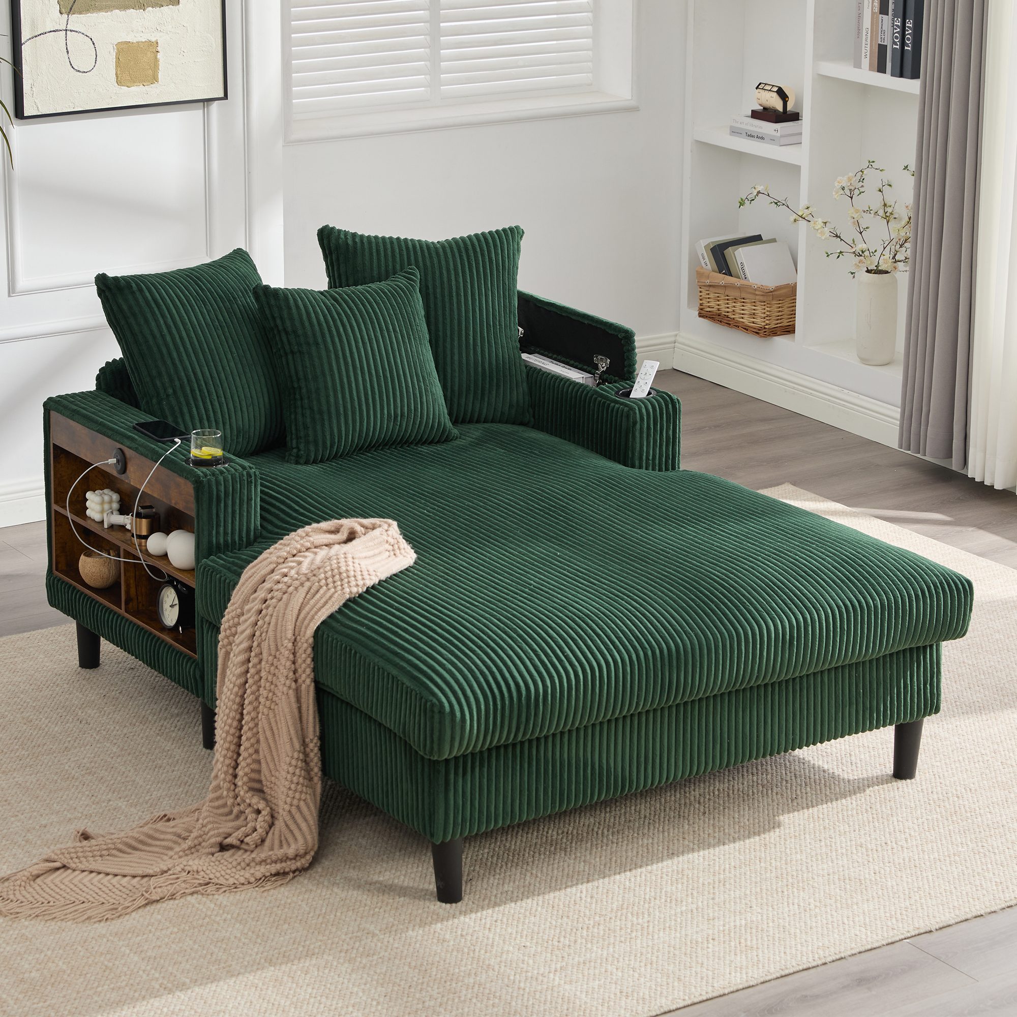 OKWISH Sofa Schlafsofa Loungesofa, mit Chaiselongue und großer Liegefläche, inkl. LED-Beleuchtung, USB-Ladeport, beidseitigen Becherhaltern & Stauraum, Wohnsofa mit Seitentasche und stabilen Füßen