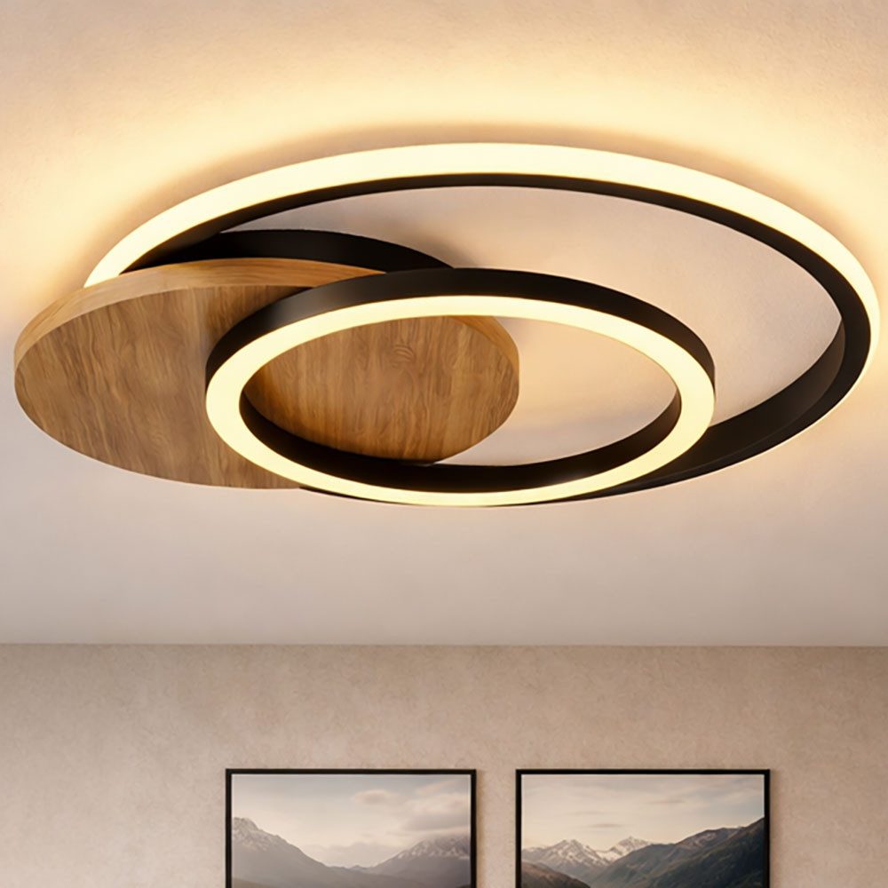 GLOBO LIGHTING LED Deckenleuchte, LED-Leuchtmittel fest verbaut, Warmweiß, Deckenleuchte Designlampe Holz schwarz Ringe Wohnzimmerleuchte opal
