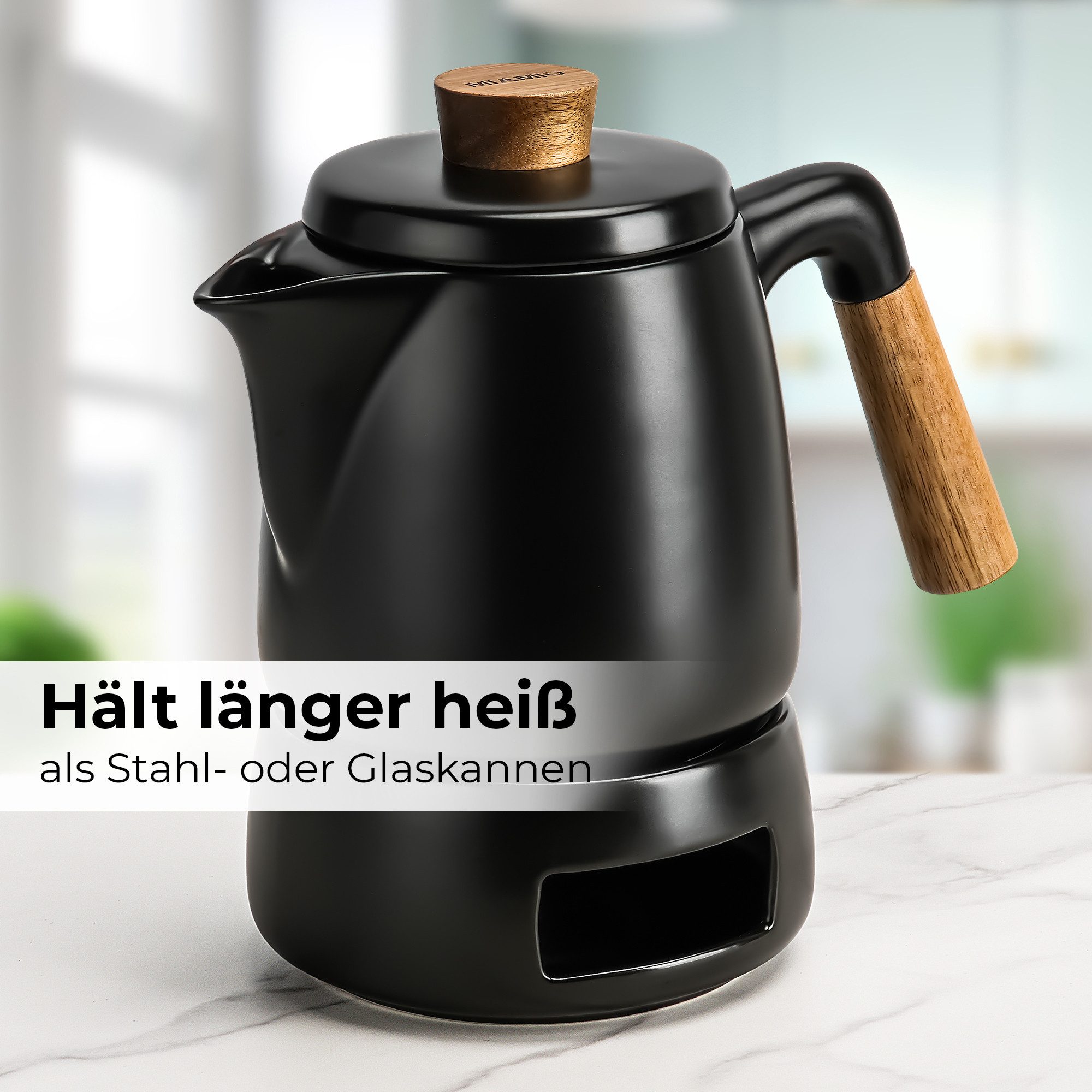 MiaMio Teeservice Teekanne mit Stövchen und Siebeinsatz, 1 l, Schwarz (3-tlg), Keramik, mit Stövchen und Siebeinsatz, 1 l