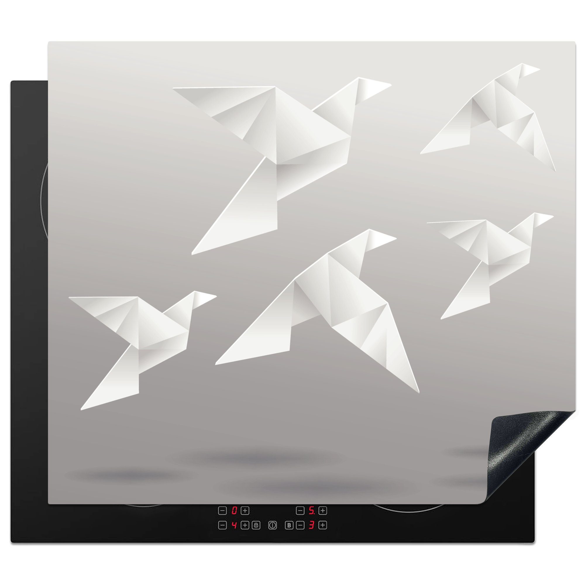 MuchoWow Herdblende-/Abdeckplatte Eine Illustration von fliegenden Origami-Vögeln, Vinyl, (1 tlg), 60x52 cm, Mobile Arbeitsfläche nutzbar, Ceranfeldabdeckung
