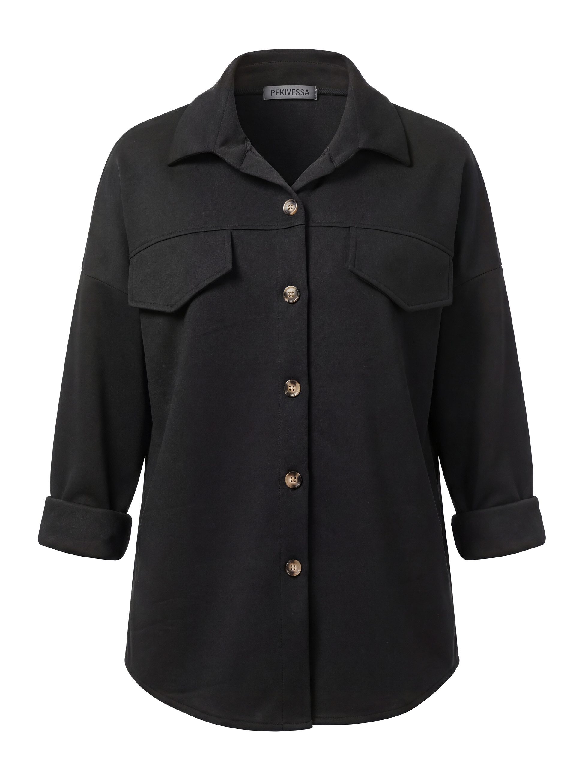 PEKIVESSA Hemdbluse Jersey-Bluse Langarm Blusenjacke aus elastischem Jerseystoff