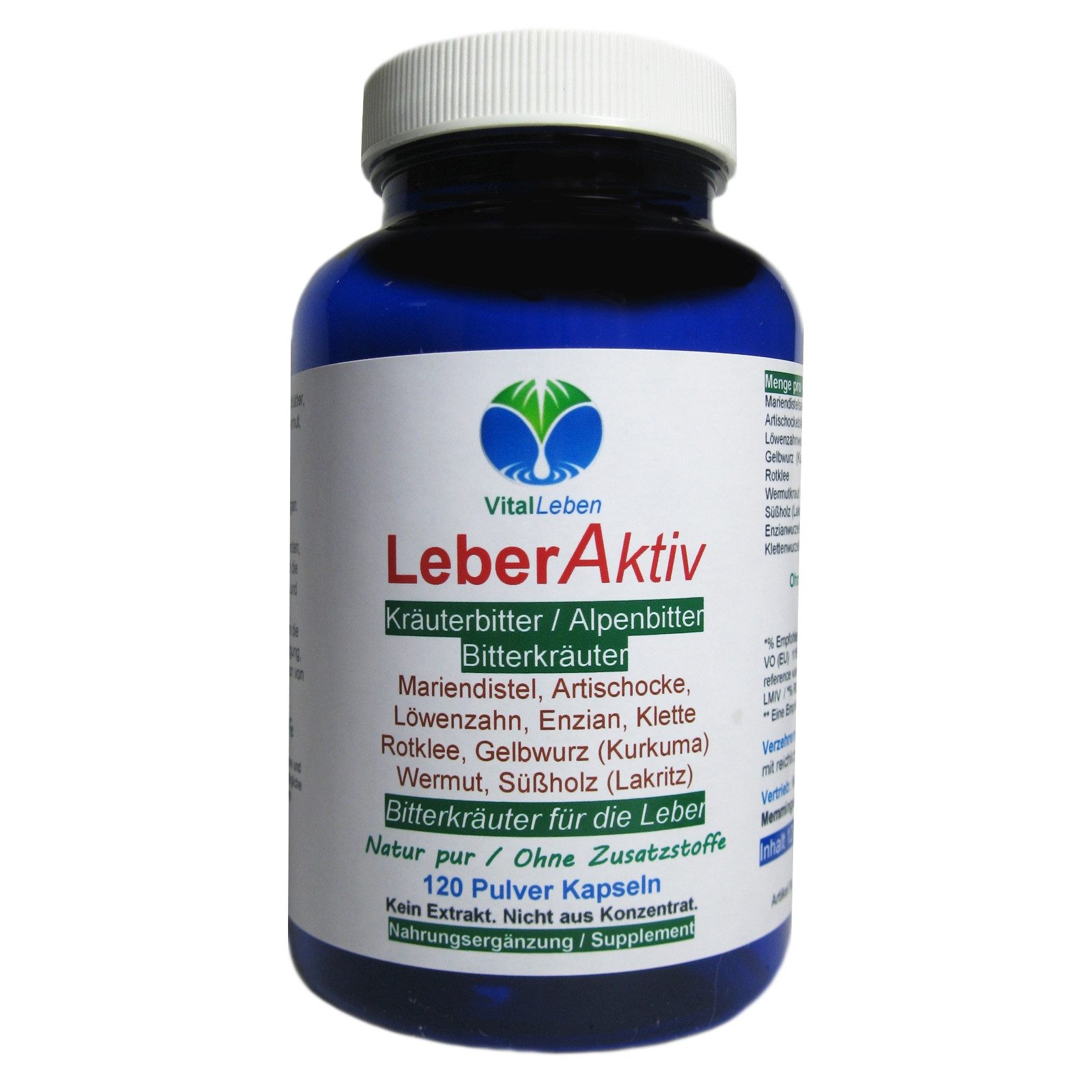 VitalLeben LeberAktiv 9fach Pflanzenpulver Komplex Bitterkräuter - Ohne Zusätze - Kapseln, 1 er Dose à 120 St., 57,6 g, Art. 26486-120
