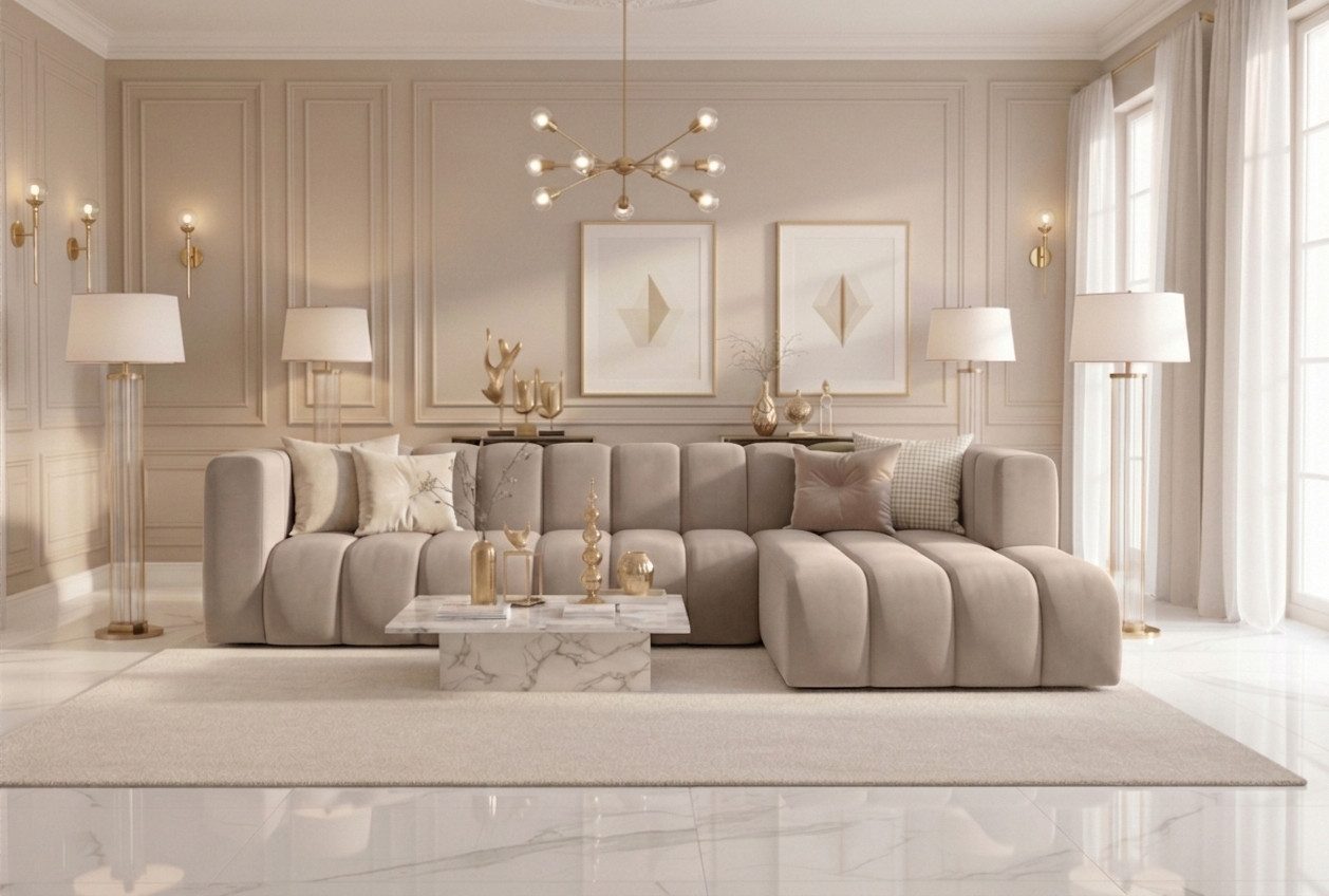 Kaiser Möbel Ecksofa Moderne, Beige, Option A : Lieferung bis zur Bordsteinkante, Ottomane Rechts