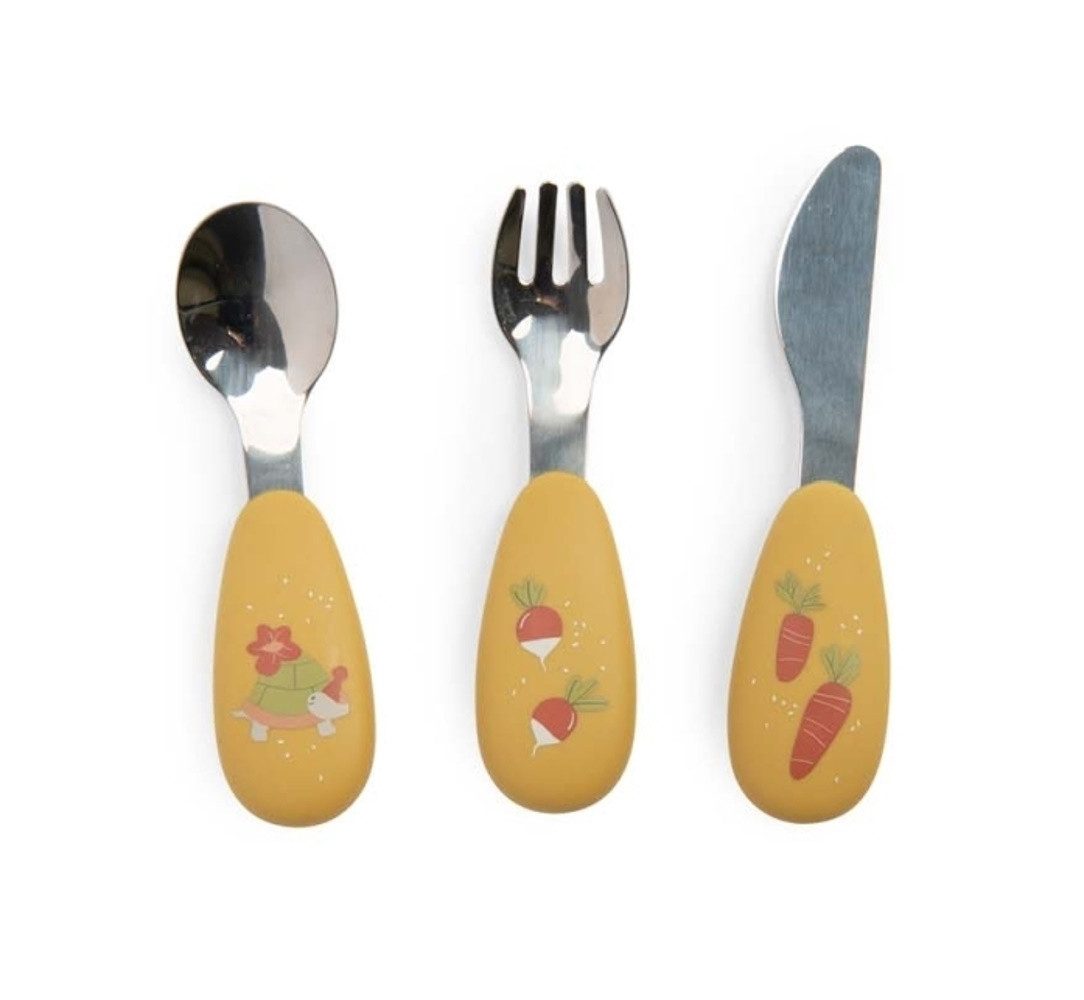 Moulin Roty Kinderbesteck Kinderbesteck mit weichem Griff 3er Set 12 cm Messer Gabel Löffel, 1 Personen