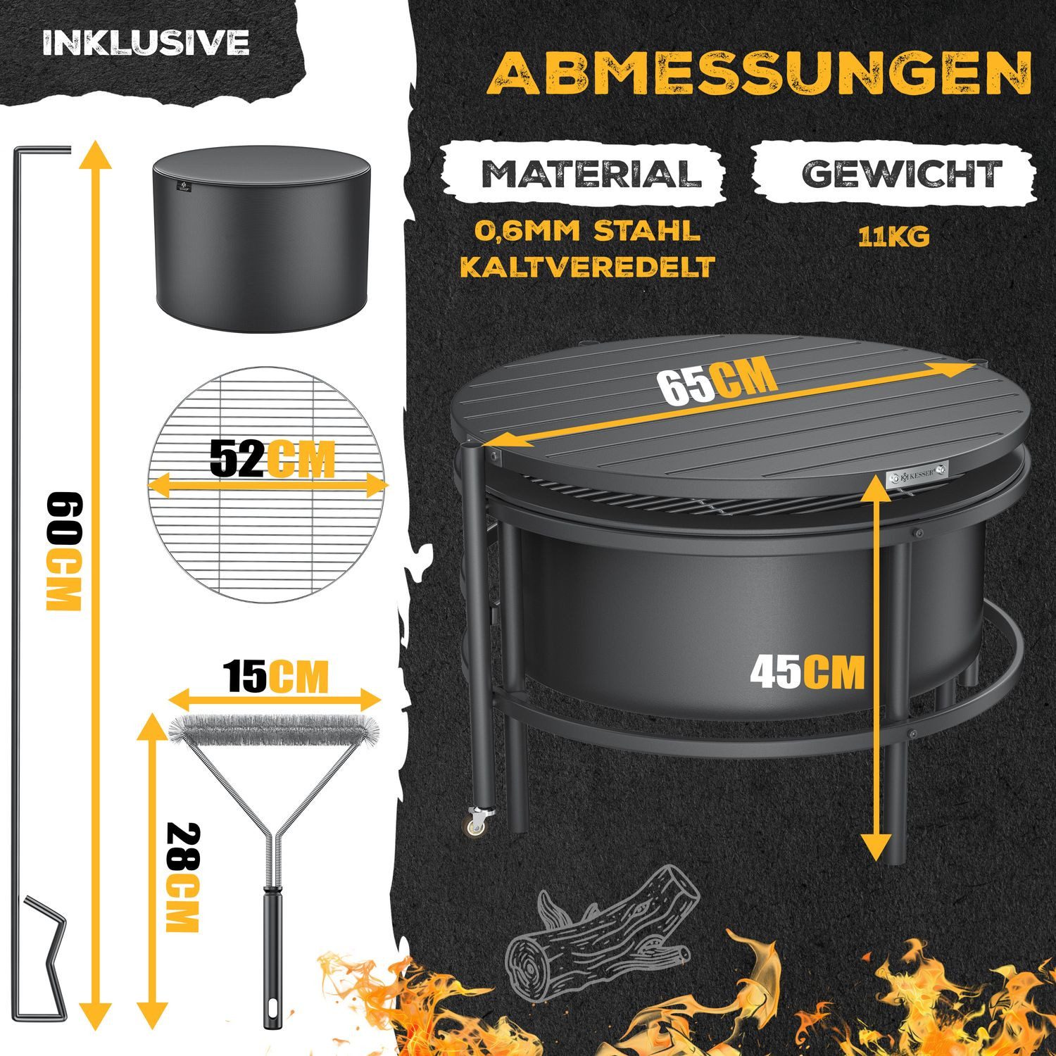 KESSER fire bowl Ø65cm, fire pit made of cold-finished steel with 0.6mm steel thickness, (fire basket including grill grate, cast iron fire hook, brush & cover), fire barrel with wheel & locking brake, campfire with wood & charcoal