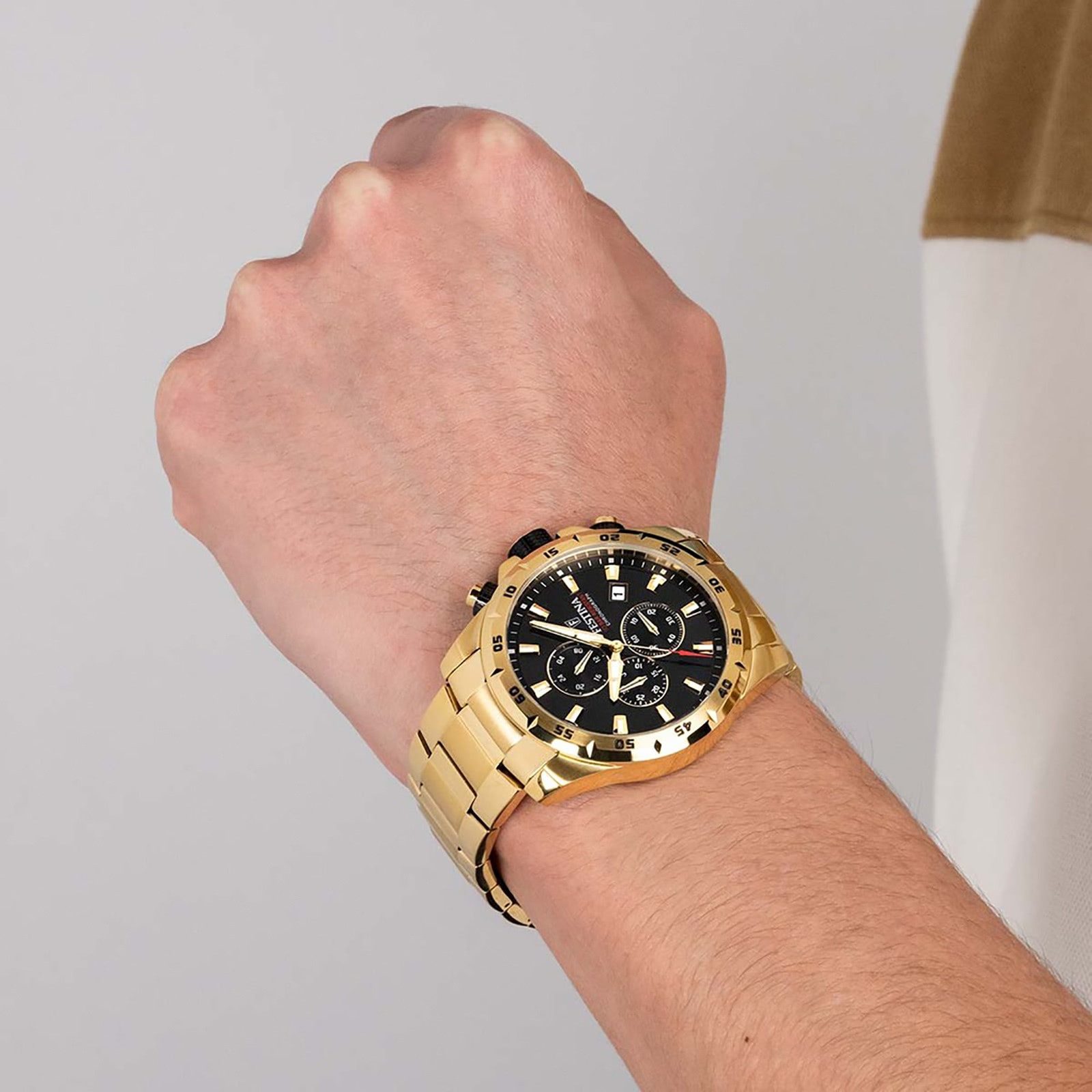 Festina Quarzuhr Festina Herrenuhr Chronograph Sport, (Analoguhr), Herren Armbanduhr rund, Edelstahlarmband gold, Sportlich
