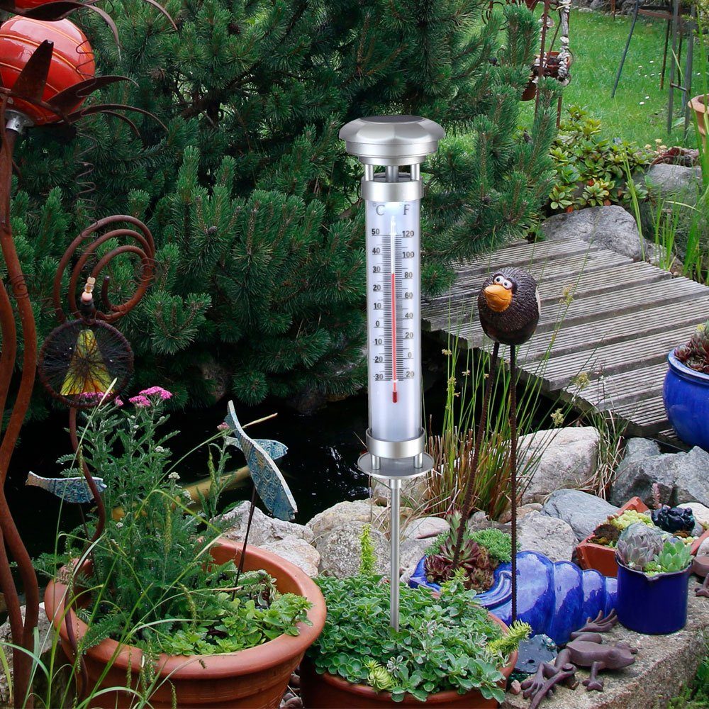 Thermometer Gartenleuchte, Warmweiß, fest Kugel Globo Solarleuchte LED Solarlampe LED-Leuchtmittel Außenlampe LED Akku verbaut,