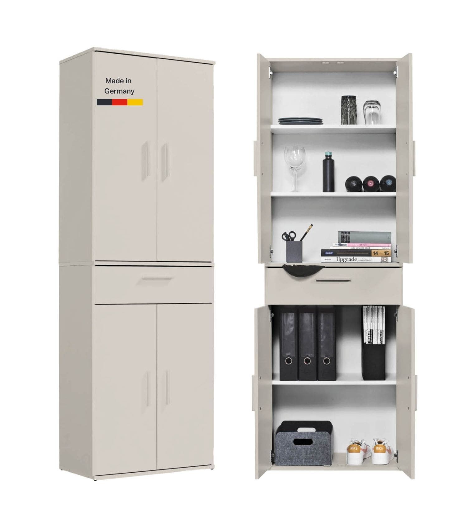 mokebo Mehrzweckschrank Der Praktische (60x180 cm, mit Schublade) Made in Germany, Büroschrank, Apothekerschrank in Beige Kaschmir