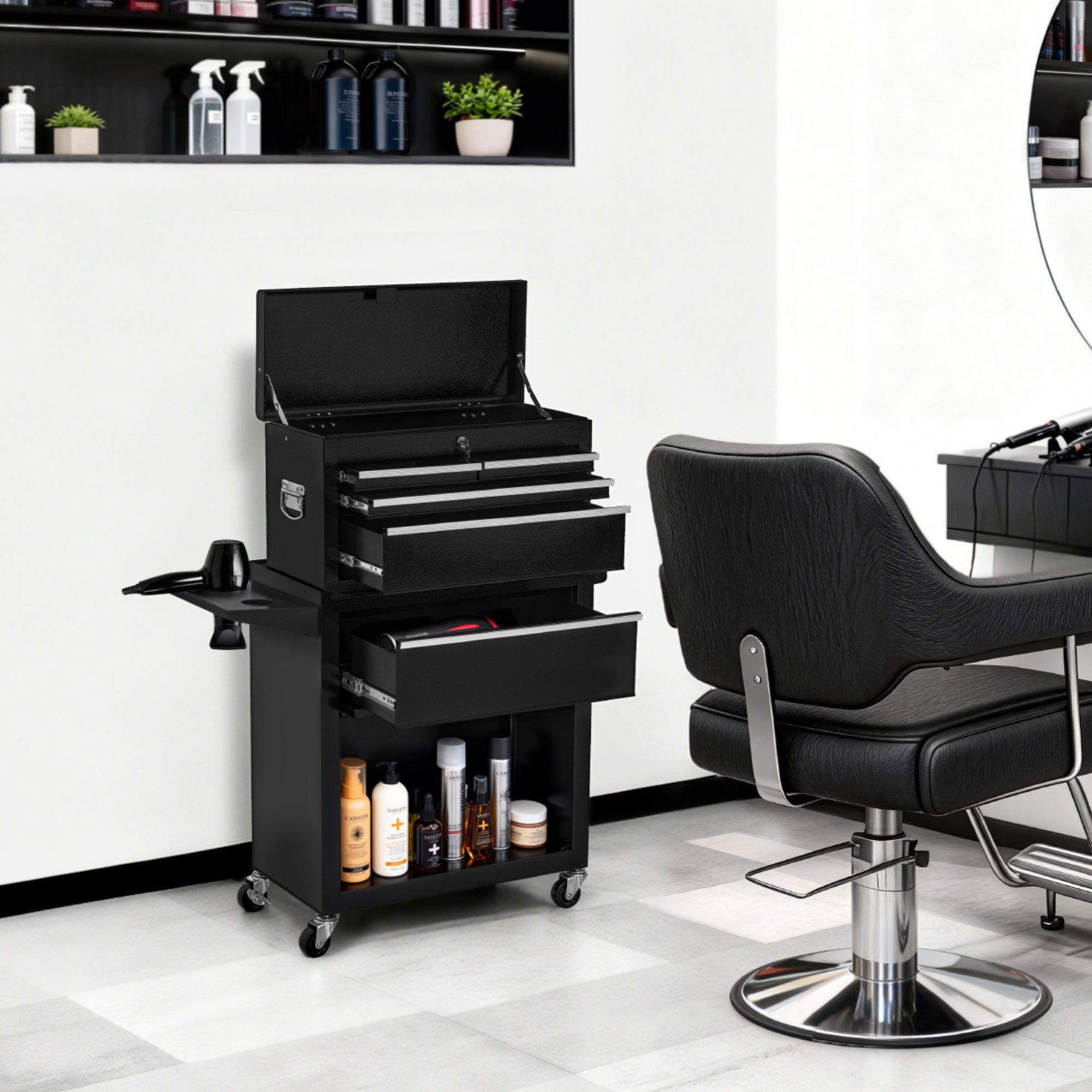 Barberpub Rollwagen BarberPub 2 in 1 Friseurwagen mit 5 Schubladen, mit Rollen, 0097, mit Rollen, mit Schrank & Haken, abschließbar