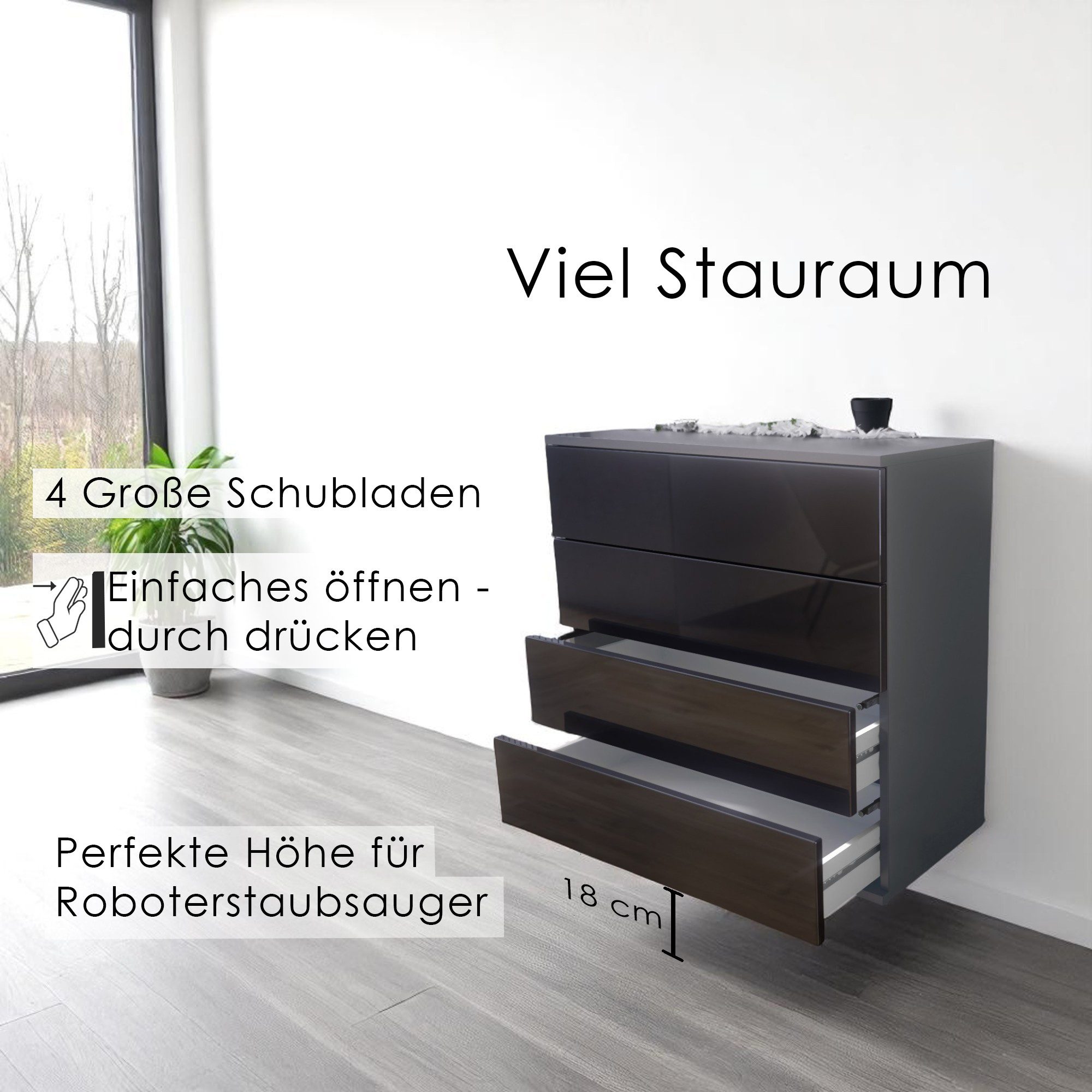 Vladon Garderoben-Set Horizon, (Garderoben-Set, bestehend aus 1 Kommode, 1 Spiegel und 1 Wandpaneel), Anthrazit matt/Anthrazit