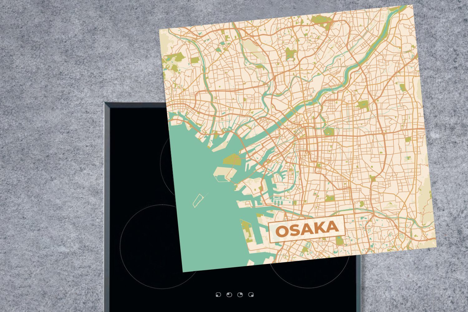 Vintage Ceranfeldabdeckung, Herdblende-/Abdeckplatte - - tlg), Arbeitsplatte für Stadtplan 78x78 Vinyl, Karte küche MuchoWow - cm, (1 Karte, - Osaka
