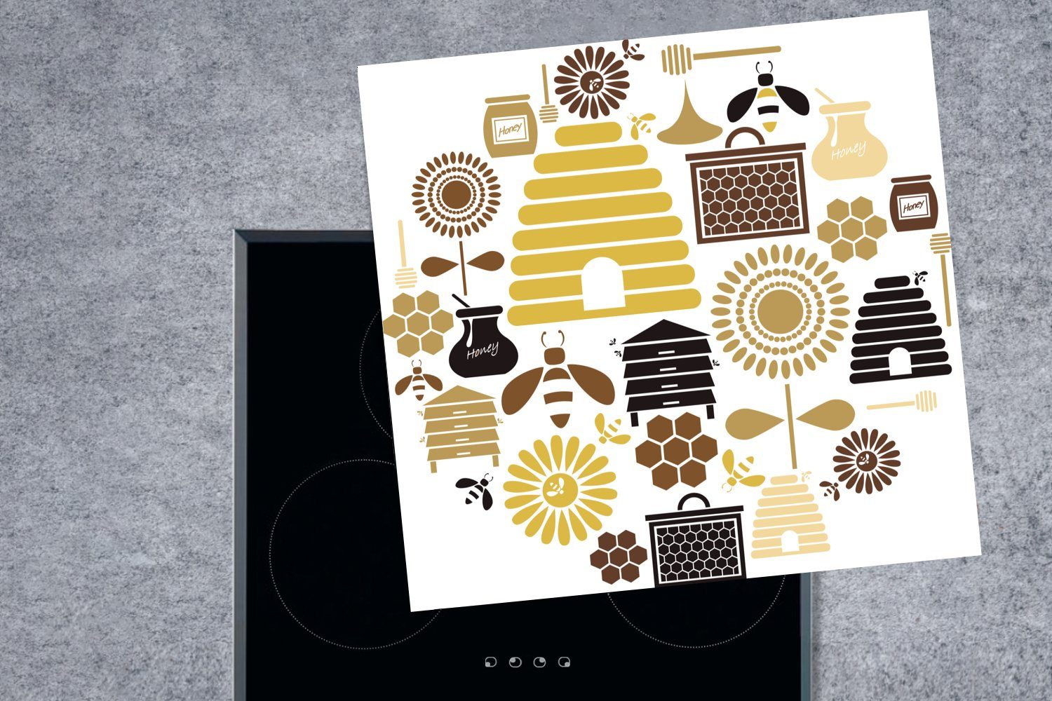 cm, Bienen, Herdblende-/Abdeckplatte (1 der Ceranfeldabdeckung, Illustration Eine Arbeitsplatte von Piktogramme küche für 78x78 Vinyl, tlg), MuchoWow