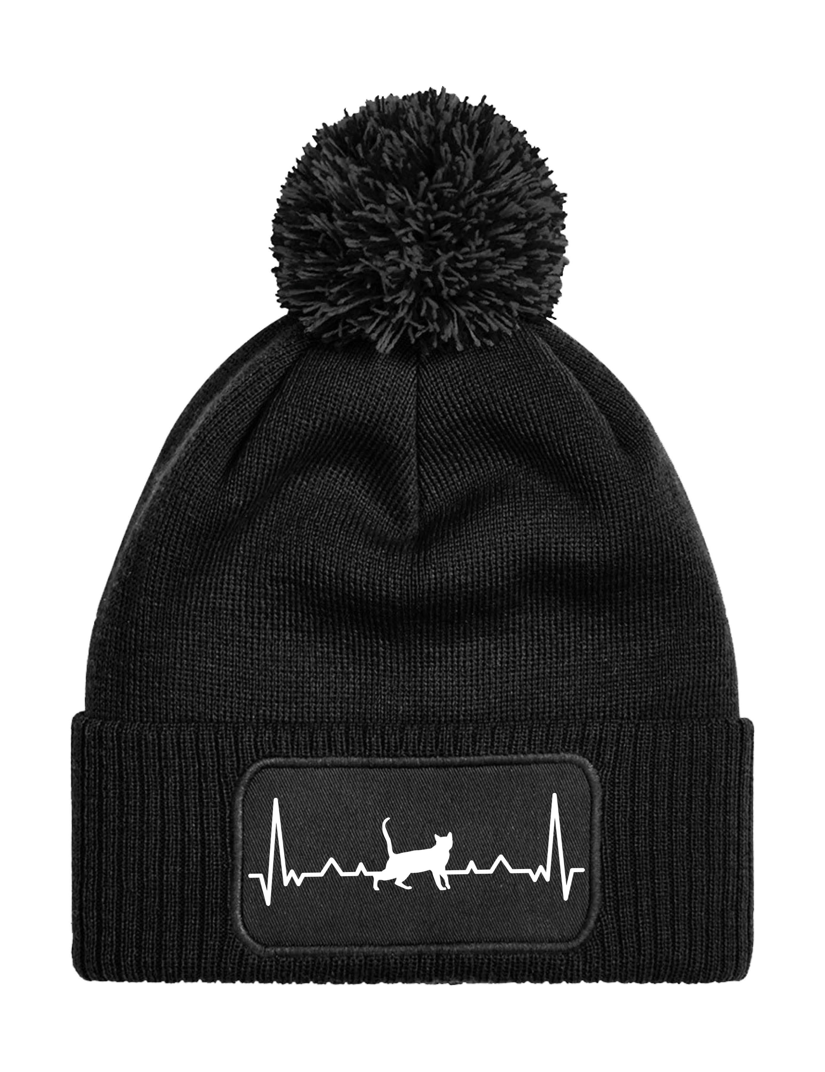 Youth Designz Beanie Unisex Strick Bommel Beanie Mütze mit Heartbeat Katze Aufdruck mit lustigen Motiv für Männer und Damen