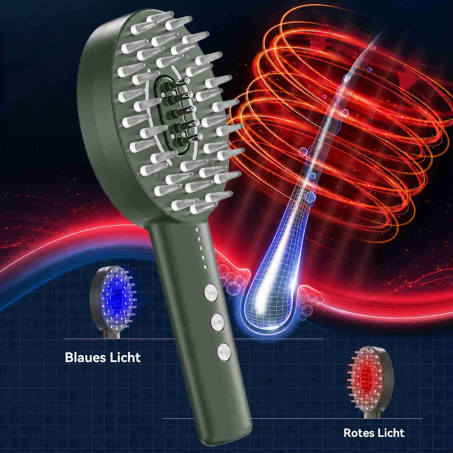 Super Solu Elektrohaarbürste LED Kopfhaut-Massagebürste, Rot- & Blaulicht Haarpflegebürste, Stärkung der Haarwurzeln & Förderung des Haarwachstums, Applikator