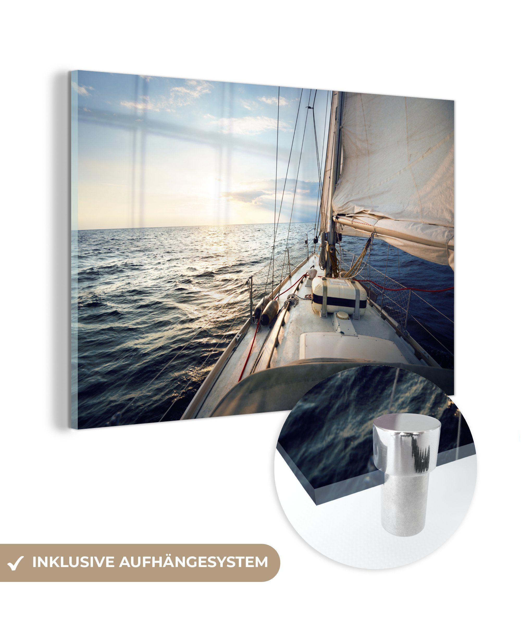 MuchoWow Acrylglasbild Meer - Segelboot - Sonne, (1 St), Glasbilder - Bilder auf Glas Wandbild - Foto auf Glas - Wanddekoration | Bilder
