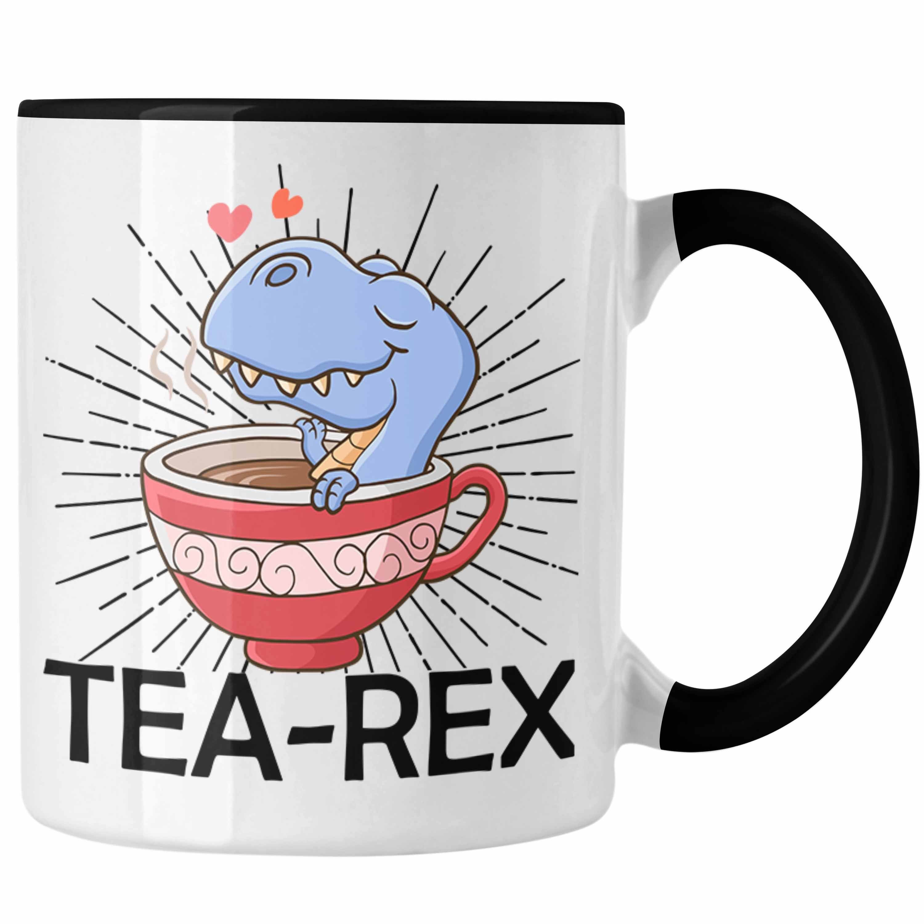Trendation Tasse Trendation - Tea Rex Tasse Geschenk Wortspiel T-Rex Dinosaurier Geschenkidee Schwarz