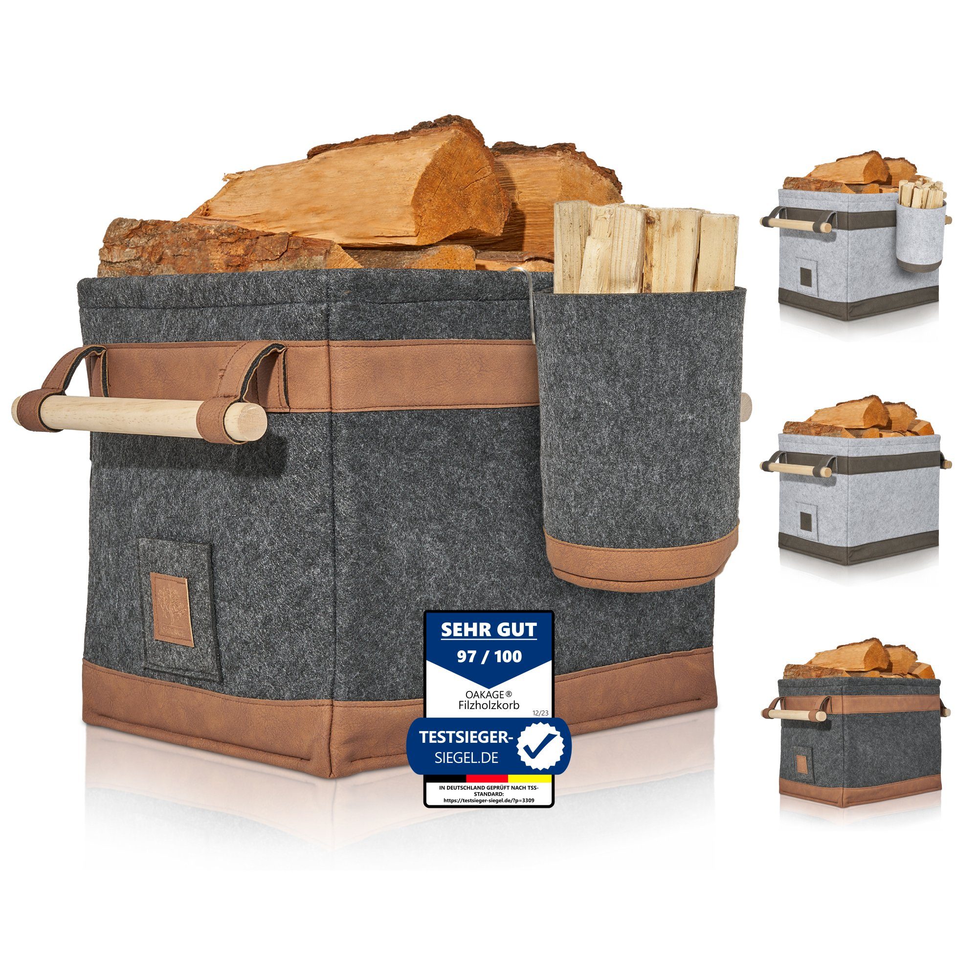 OAKAGE Kaminholzkorb Holzkorb für Kaminholz Groß aus veganem Leder Feuerholzkorb Kaminkorb (Set, 1 x Holzkorb + 1 x Zündholzkorb), Schmutzabweisendes Innenfutter und Lederboden