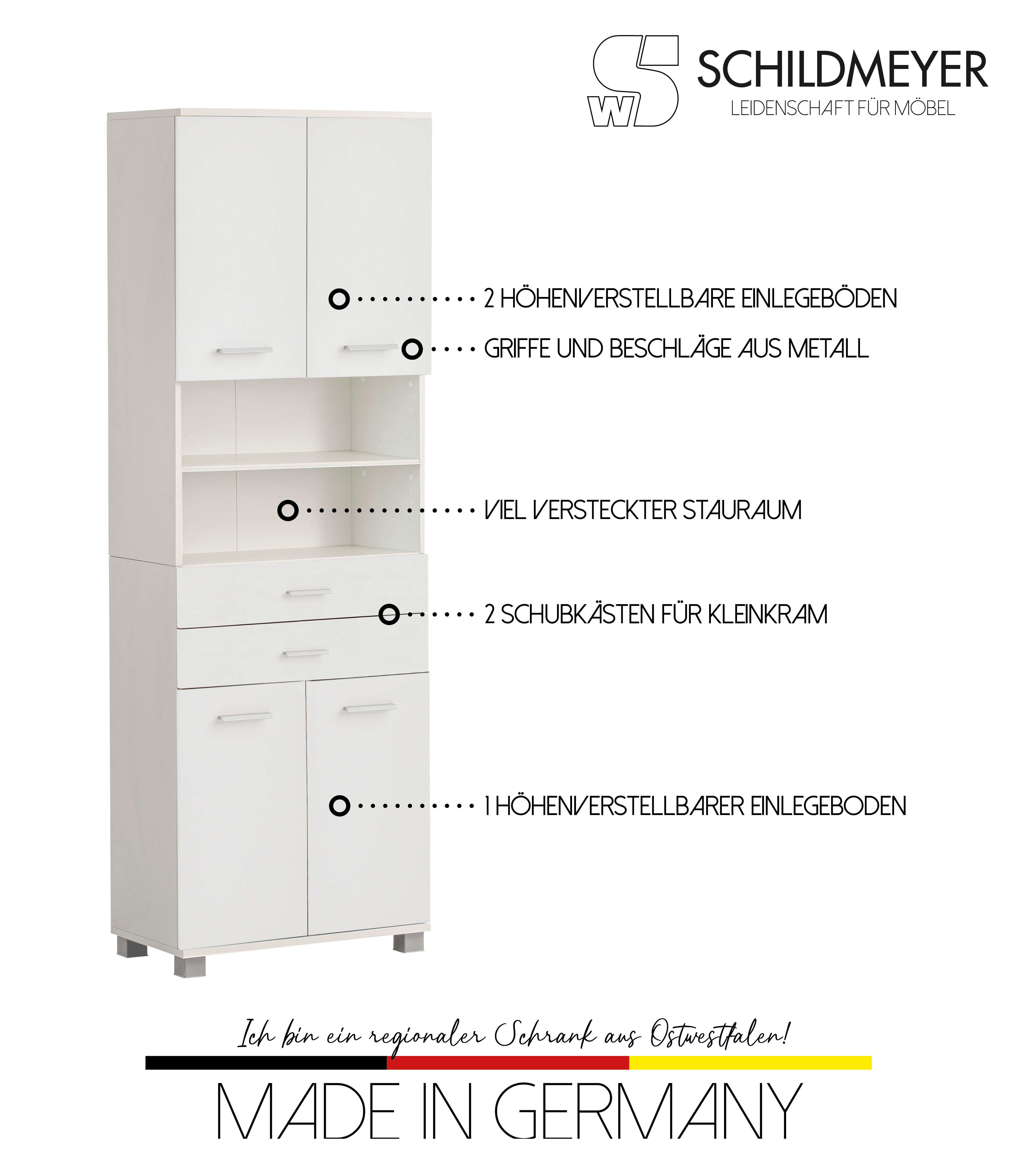 welltime Hochschrank Breite 60 cm, verstellbare Einlegeböden, Metallgriffe