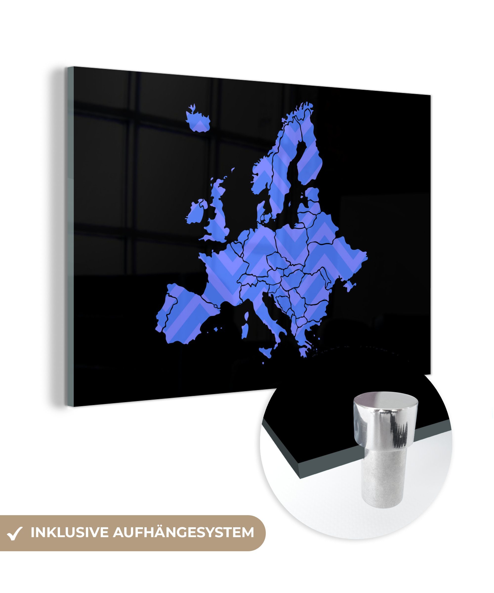 MuchoWow Acrylglasbild Karte Europa - Muster - Blau, (1 St), Acrylglasbilder Wohnzimmer & Schlafzimmer