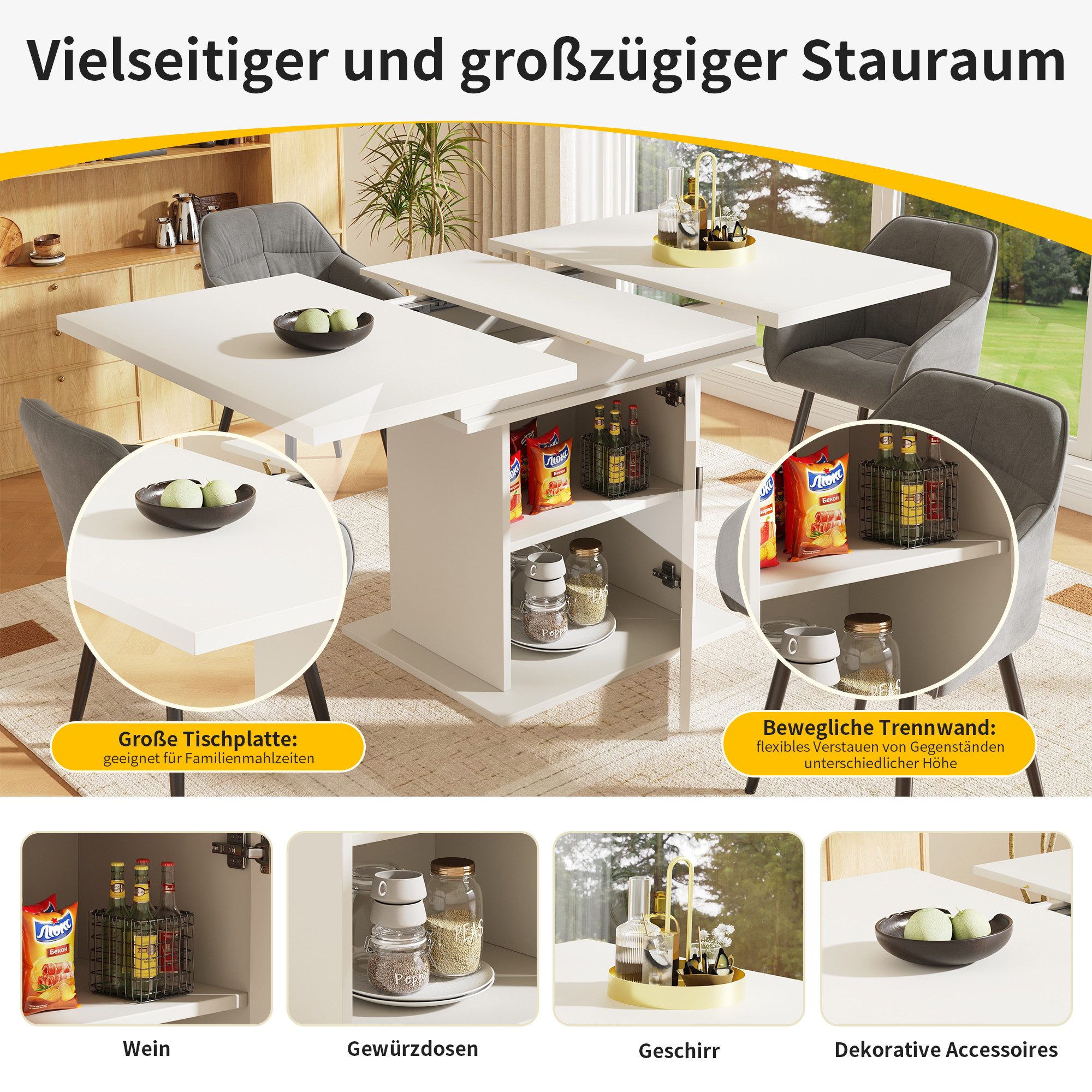 IDEASY Esstisch Ausziehbarer Esstisch mit 3 Ablageebenen & Regenbogen-Glastür (Teleskoptisch 110-140 cm verstellbar), platzsparender Küchen- & Wohnzimmertisch in Weiß/Schwarz