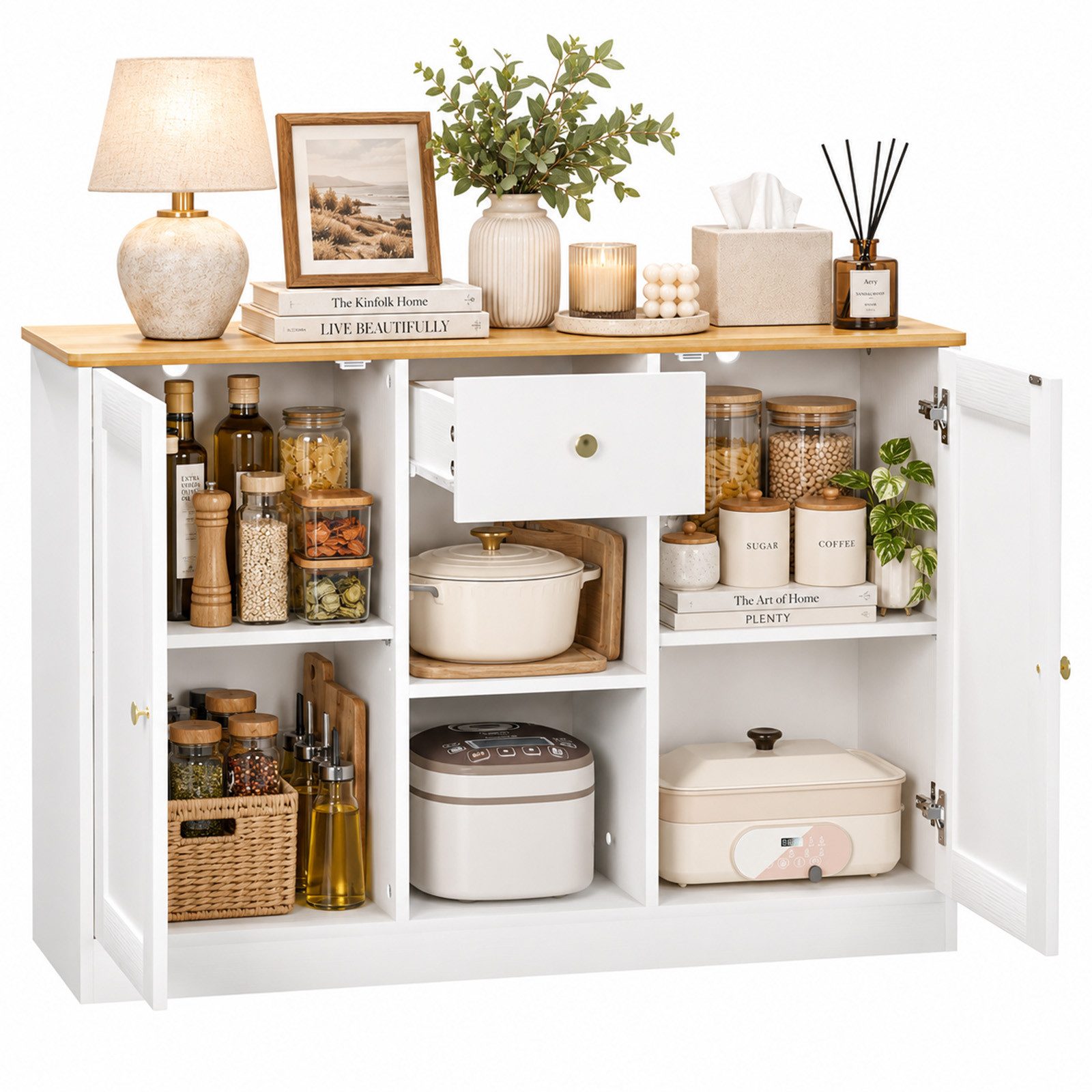 Yorbay Sideboard Kommode,Schubladenschrank,1 Schublade und 2 offenen Regalböden (Set, Weiß und helle Holzfarbe), Weißer Schrank mit 3 goldenen Griffen 108x35x75cm (BxTxH)