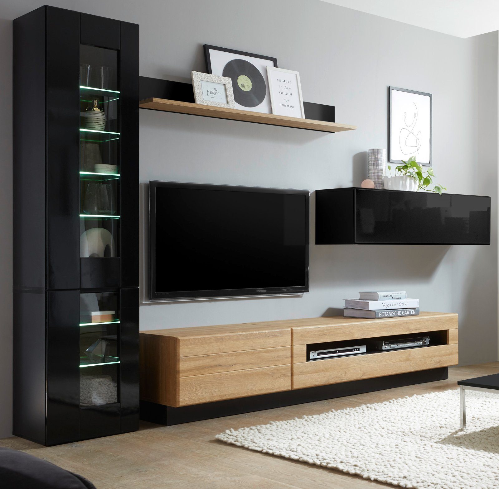 Furn.Design Wohnwand Savanna, (Wohnzimmer-Set 4-teilig in schwarz Hochglanz mit Eiche, 340 x 200 cm), mit Push-To-Open