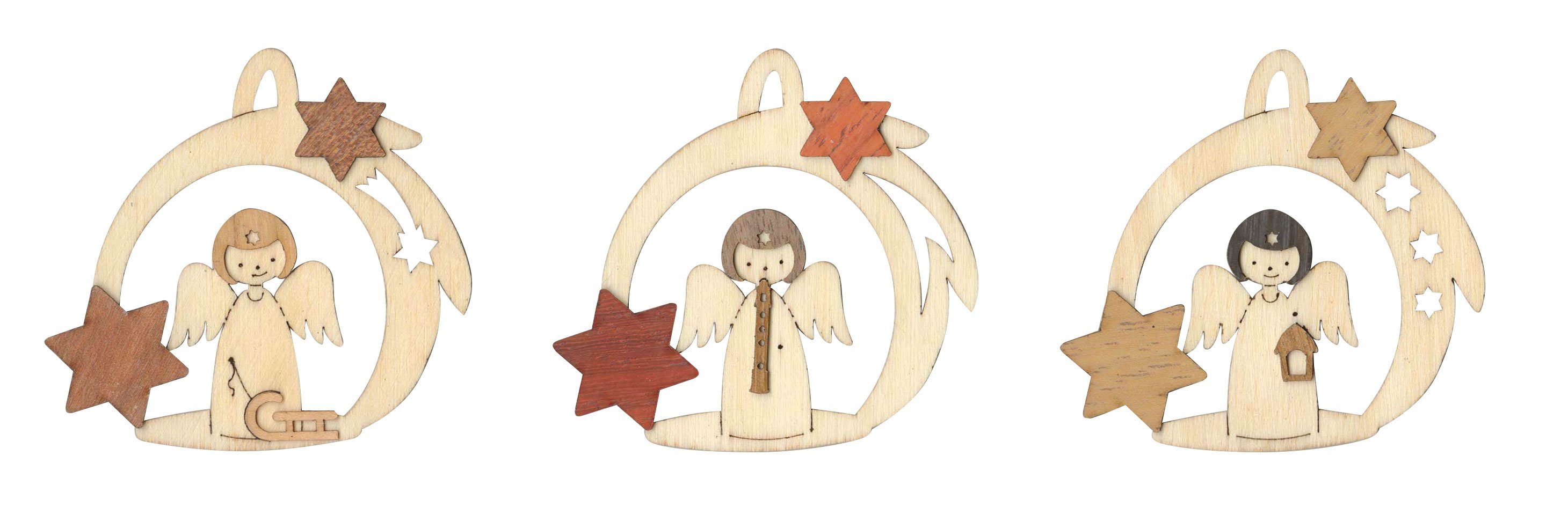 Kuhnert Kreativset 19309, 3er Set Engel mit Schweif, Christbaumschmuck Anhänger aus Holz - Made in Germany