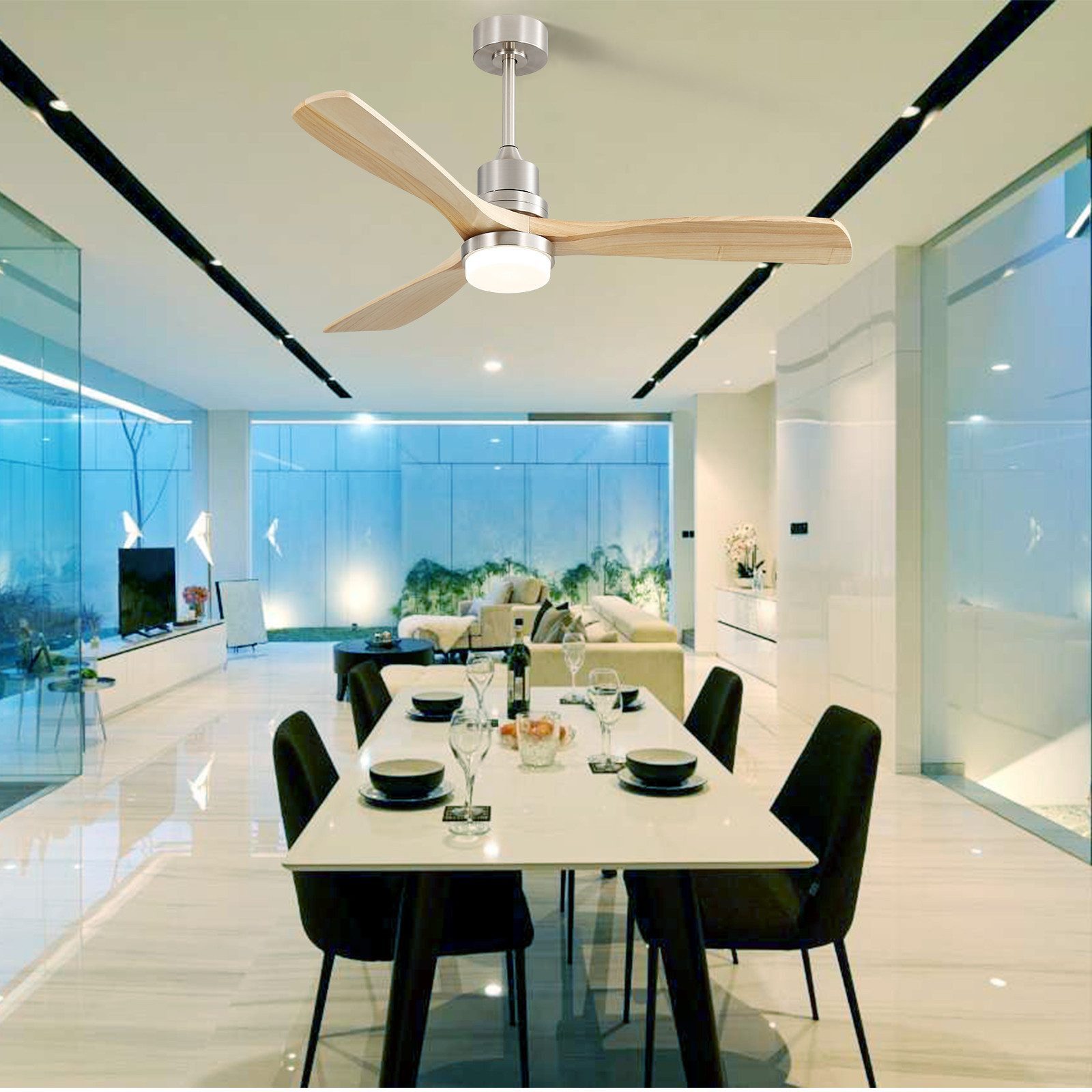 Sofucor Deckenventilator mit LED-Beleuchtunfg und Fernbedienung, 132 cm, 3 Massivholz-Flügel