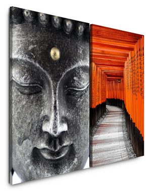 Sinus Art Leinwandbild 2 Bilder je 60x90cm Schrein Buddhakopf Buddhismus Japan Meditation Heilsam Yoga