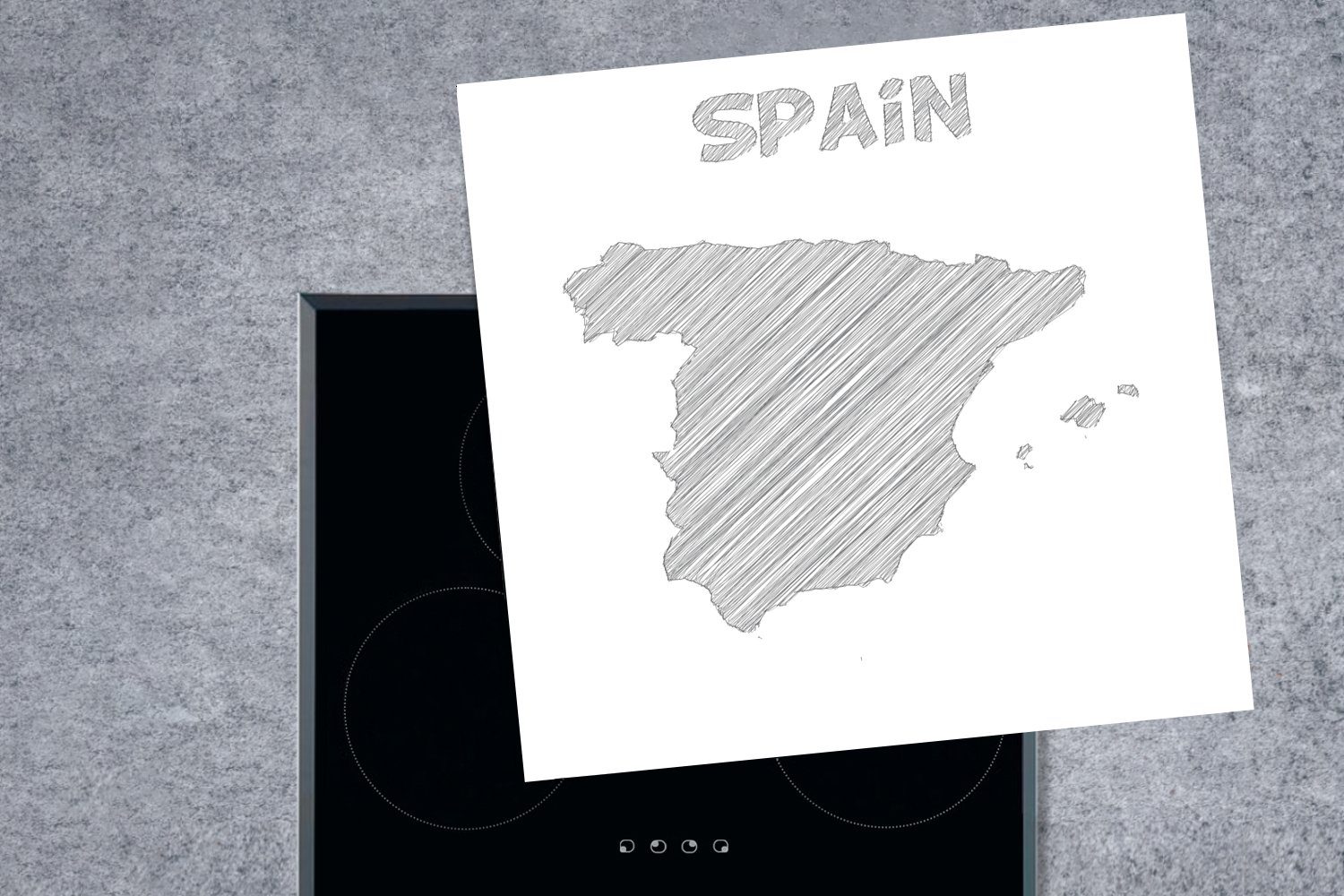 MuchoWow Herdblende-/Abdeckplatte von für küche Spanien, Arbeitsplatte Skizze Vinyl, cm, 78x78 Ceranfeldabdeckung, (1 Schwarz-Weiß-Abbildung einer tlg)