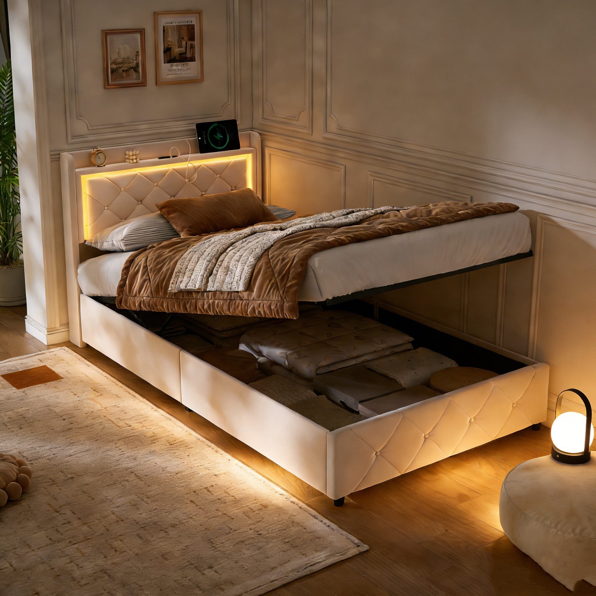 PXloue Polsterbett LED Einzelbett 90x200cm mit Ladefunktion und hydraulischem Stauraum, Geeignet für kleine Wohnungen (mit zusätzlichem Stauraum)