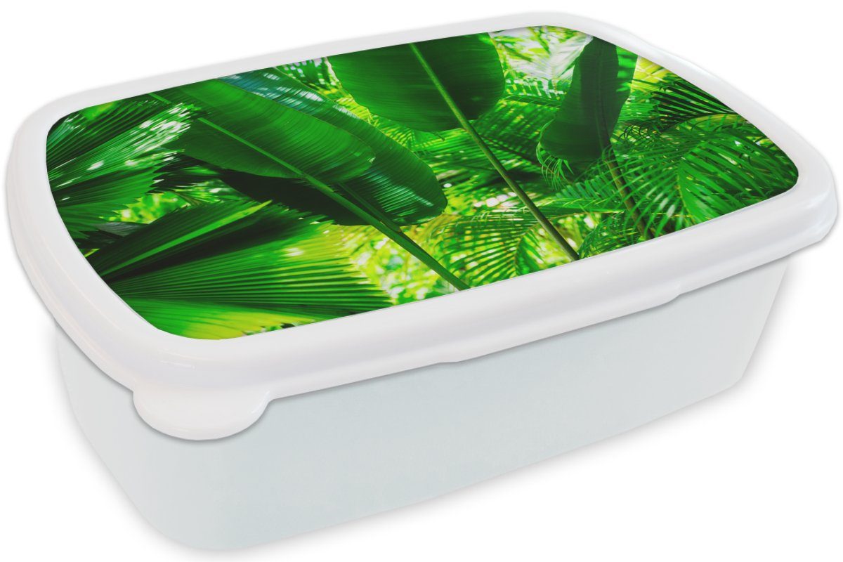 MuchoWow Lunchbox Tropische Blätter im weiß für Brotbox Fotodruck, Mädchen und Kinder und Dschungel Erwachsene, Brotdose, Jungs Kunststoff, für (2-tlg)