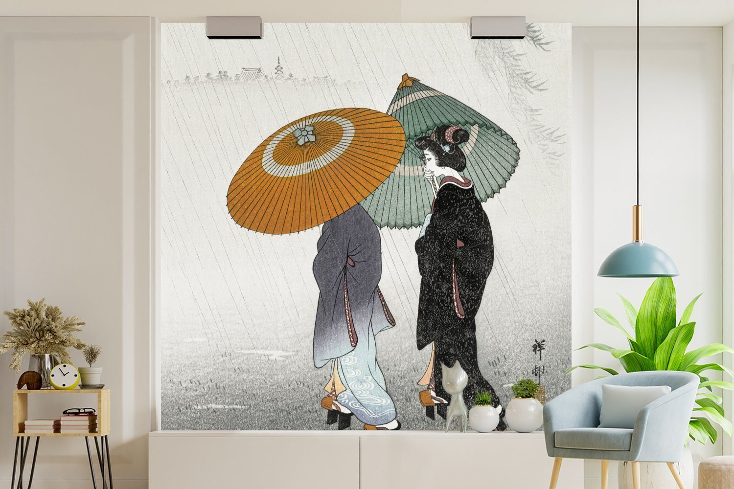 Matt, - MuchoWow St), Vinyl Sonnenschirm - Vintage, Fototapete Tapete bedruckt, Frauen Kimono oder (5 Japandi - - Schlafzimmer, Wohnzimmer Wandtapete für