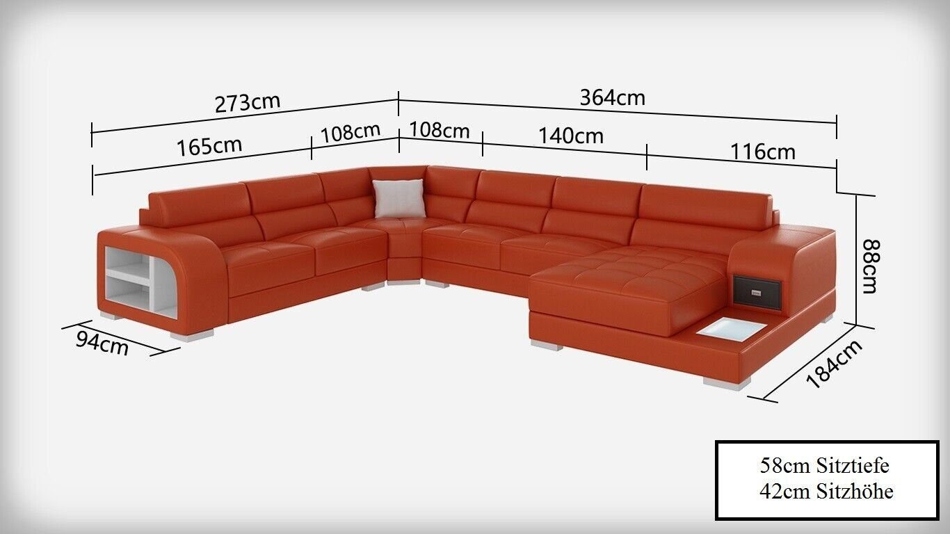 JVmoebel Ecksofa Modern Sofa Eck Garnitur Design Couch Ledersofa Licht USB Ecksofa