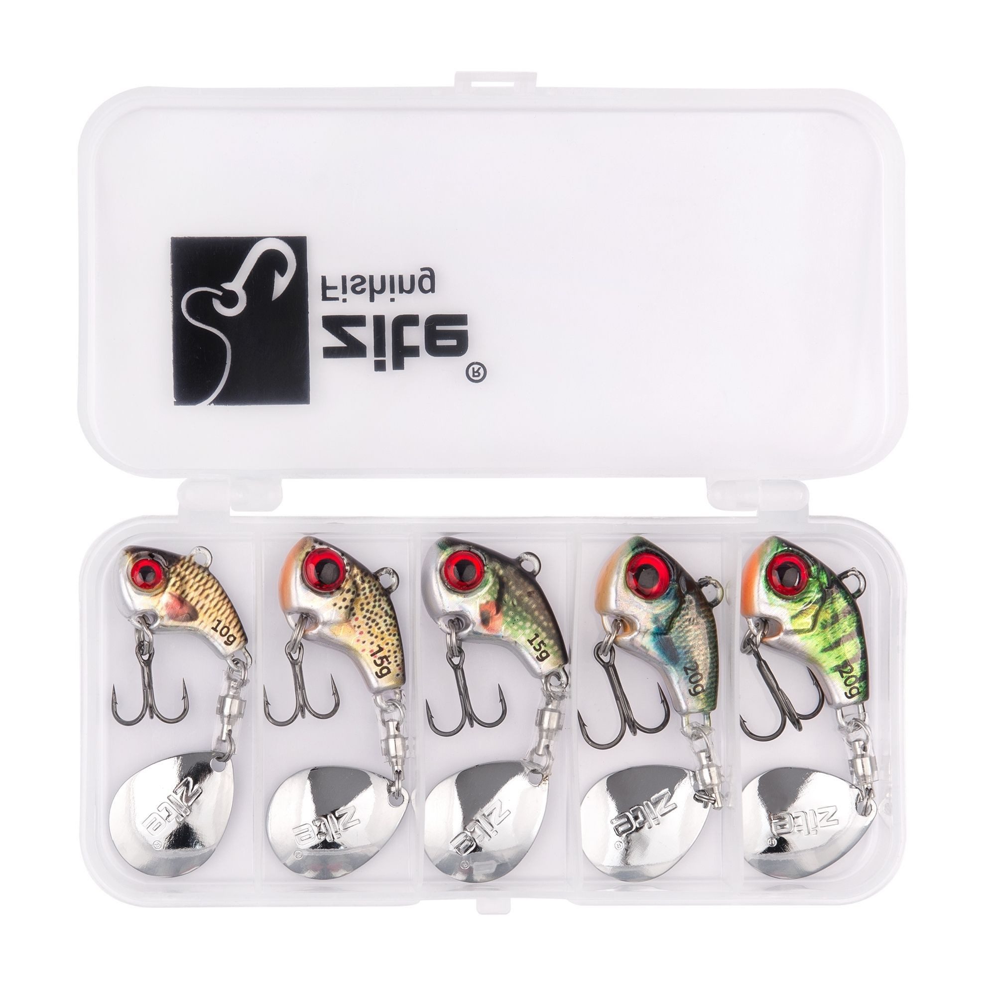 Kunstköder Jigspinner Set 10-20g Neon & Natur Barschköder 5 Stück mit Tackle-Box